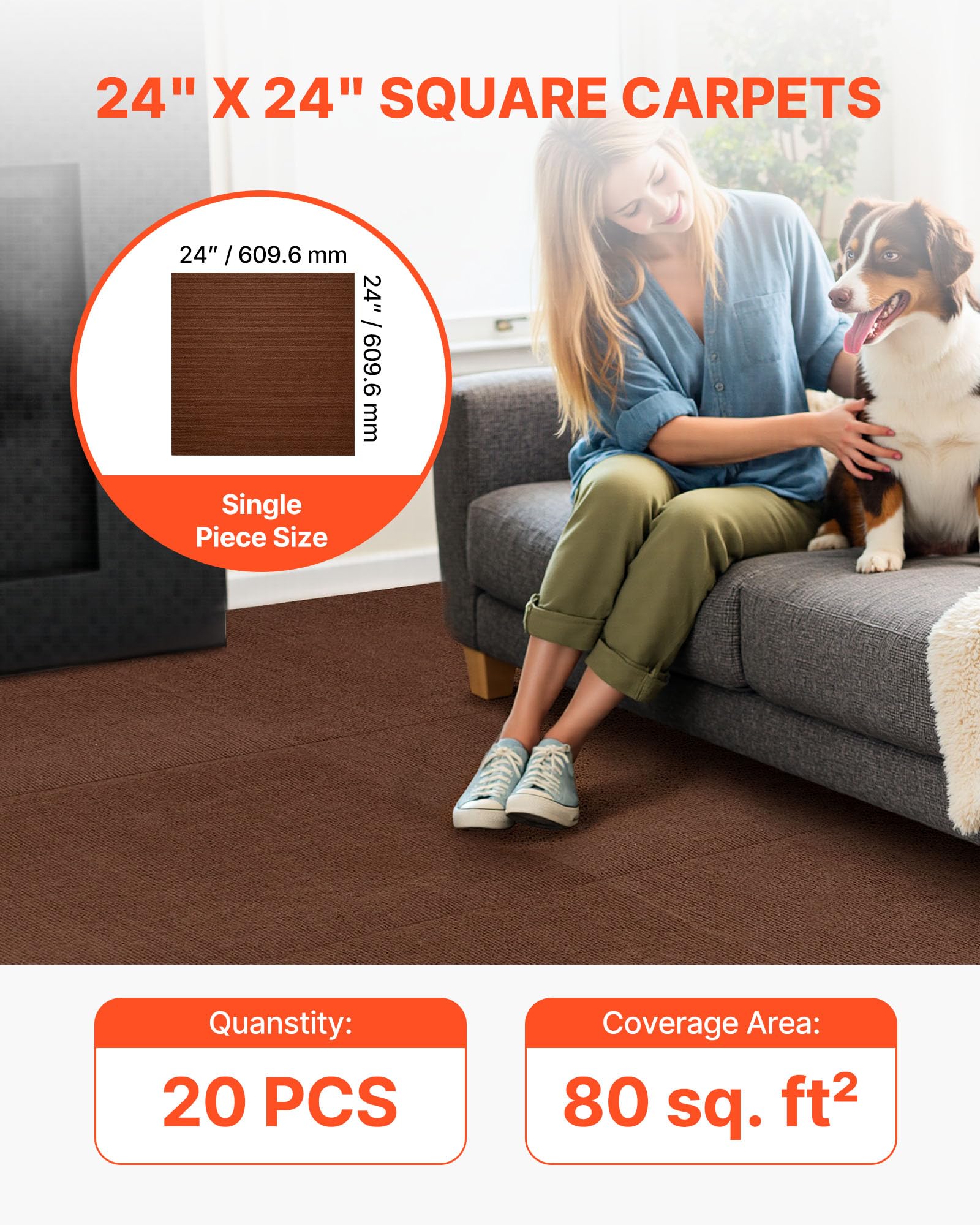 VEVOR Teppichfliesen 609,6 x 609,6 x 5 mm, 20er-Pack, selbstklebender Teppichboden mit Fläche von 7,4 m², Teppich Bodenbelag, einfacher DIY-Austausch für Wohnzimmer und Büro, Dunkelbraun