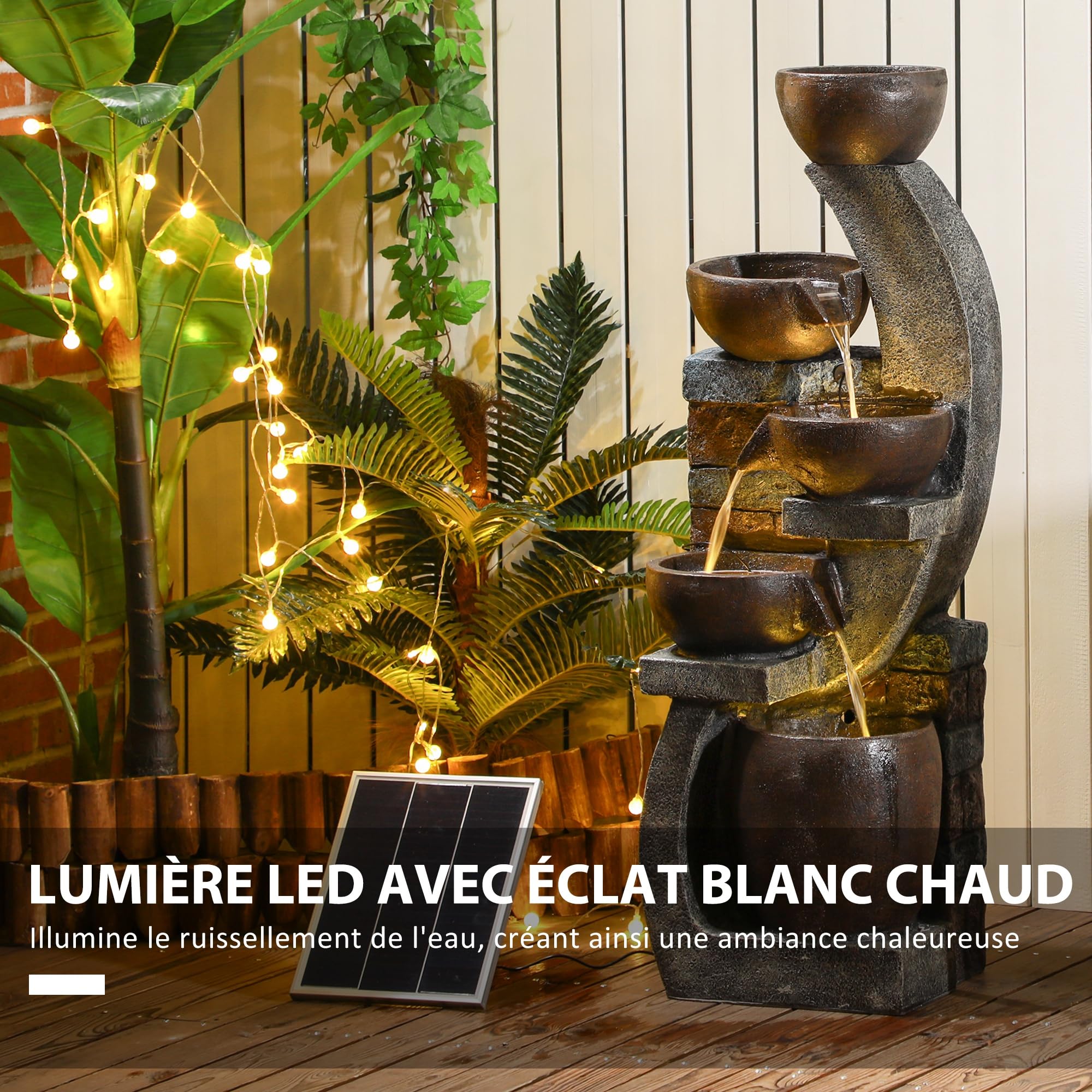 Outsunny Fontaine d'eau extérieure 5 Niveaux, Fontaine de Jardin avec lumières LED, Panneau Solaire 3,7 KW, Pompe, débit de 450L/h, en résine, Gris et Marron