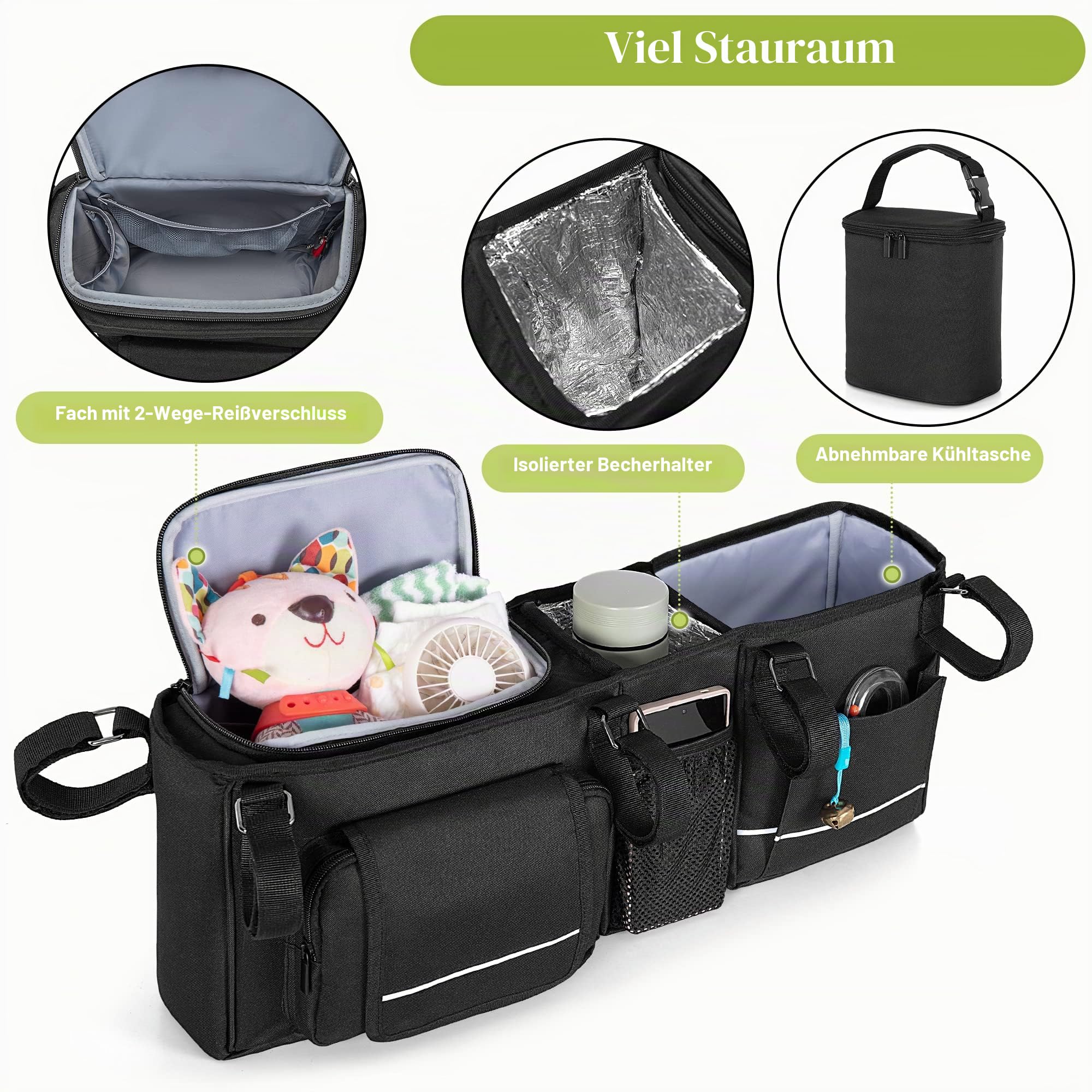 HODRANT Hängender Doppel Kinderwagen Organizer, Kompatibel mit City Mini GT2 Double & Kompatibel mit BOB Duallie Kinderwagen, Kinderwagen Caddy mit abnehmbarer Kühltasche, Nur Tasche