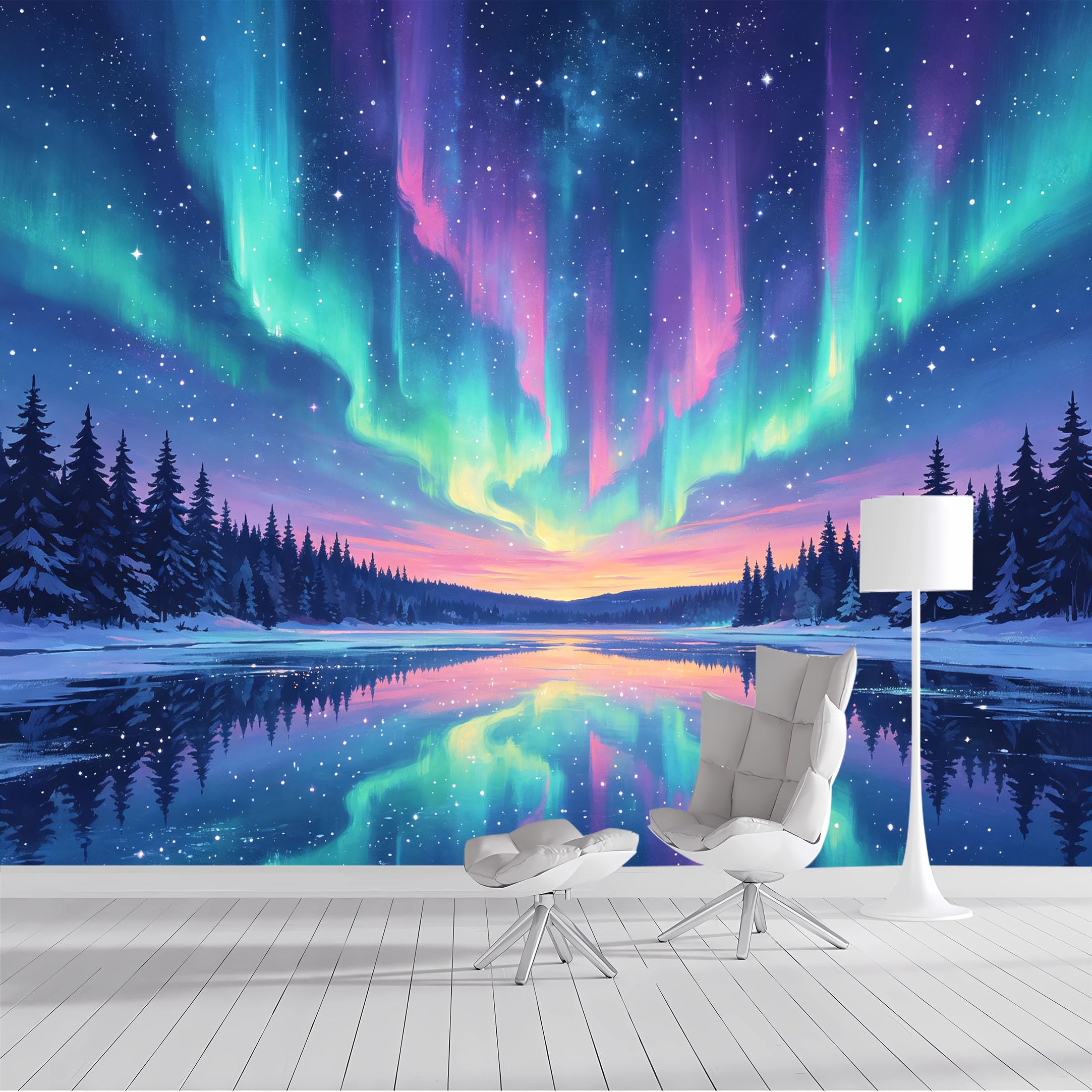 Custom Size Wall Mural Northern Lights Aurora Borealis Winter Forest Lake Landscape Watercolor SelfAdhesive Wall Fabric Removable Peel and Stick Wallpaper for Living Room Bedroom Bathroom
