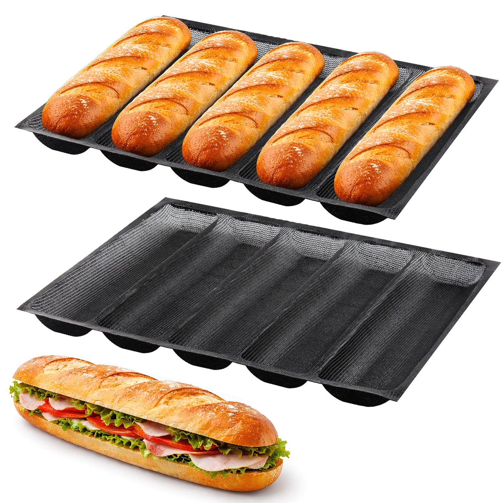 2 Pack Silicone Bread Roll Mould, 33.5 x 17.7cm NonStick Flexi Aerated Baguette Pan Forms for Fench Bread, Perforated Loaf Tin for Hot Dog Buns, BPA Free Mini Baguette Mould for Oven Baking, Black