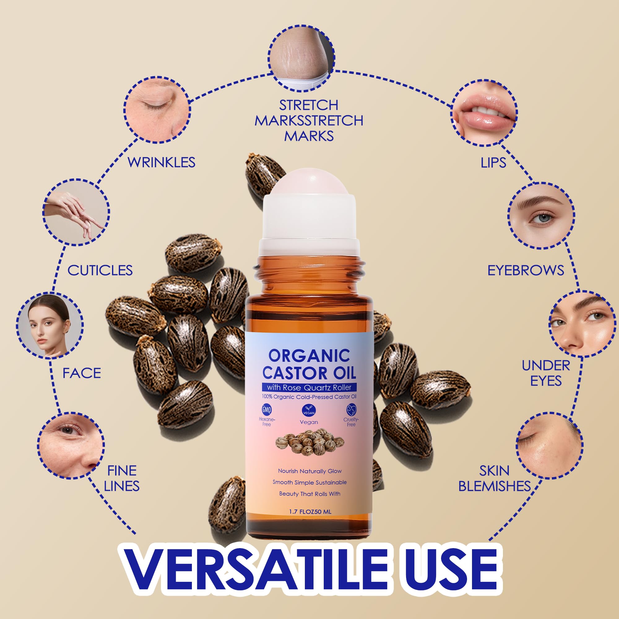 Olio di ricino biologico con rullo al quarzo rosa, 100% puro pressato a freddo e non raffinato, per la crescita di capelli, ciglia, sopracciglia e pelle (1)