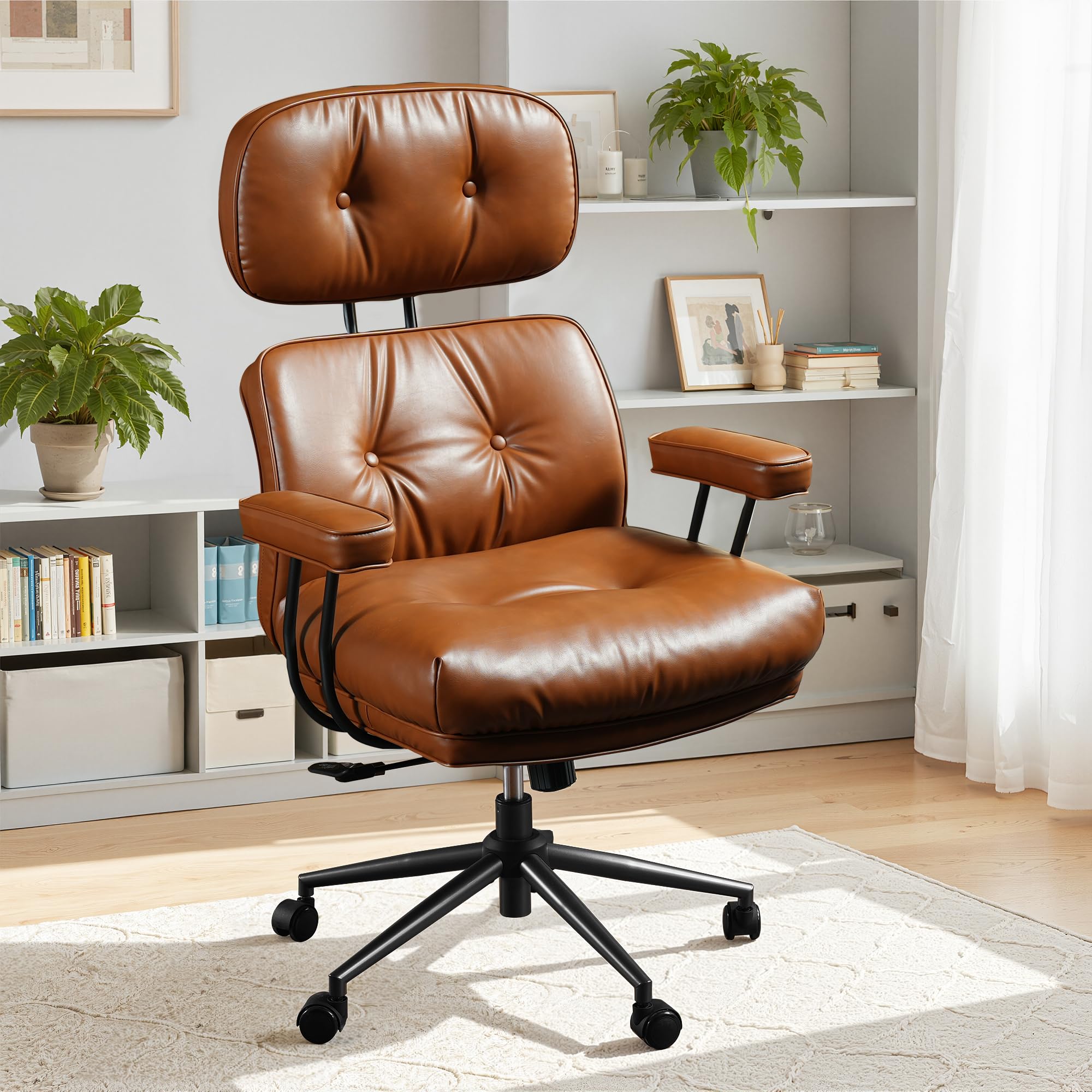 Ergonomic Office Chair with Wheels, Mid Century Comfy PU Leather Reclining Executive Chair with Lumbar Support, 350lbs High Back Desk Chair for Gaming Home Office (Brown)