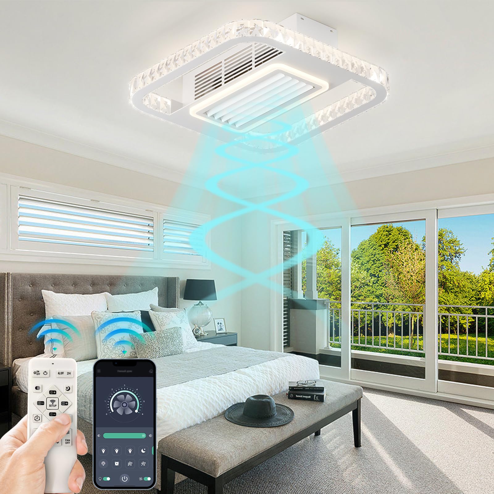 22'' Bladeless Ceiling Fans with Lights and Remote, Low Profile Ceiling Fan Flush Mount, 3000K-6500K Dimmable Bladeless LED Fan Light, Ceiling Fans with Lights for Bedroom.