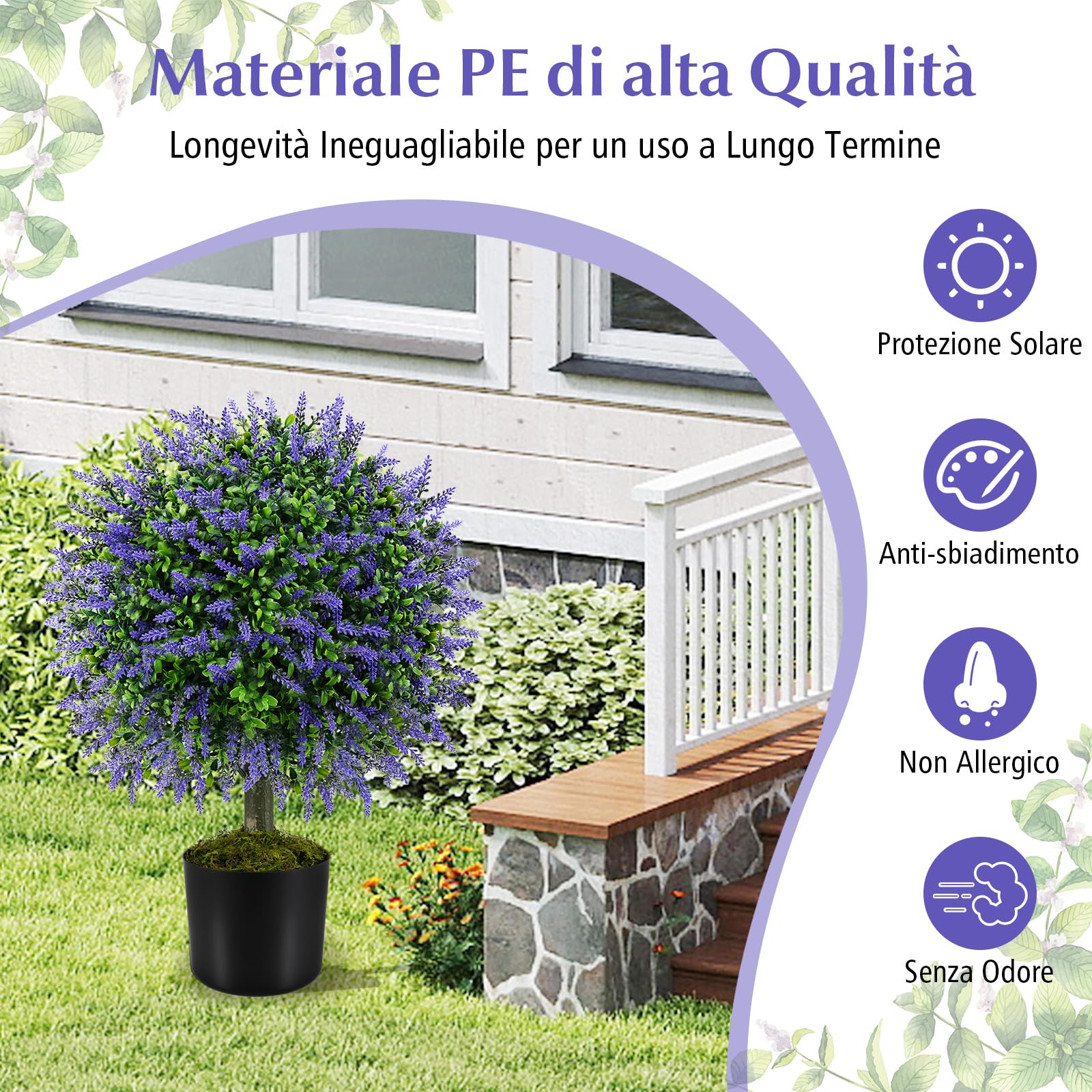 COSTWAY Set di 2 Alberi di Topiario Artificiale con Lavanda, Albero di Bosso Finto da 58 cm con Vaso Riempito di Cemento, Pianta Finta Resistente al Sole per Interni ed Esterni