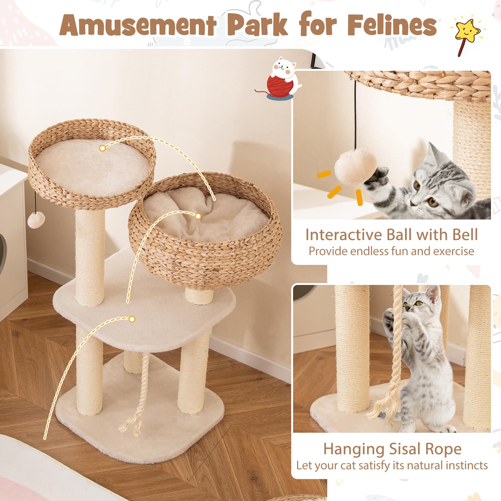 Tangkula Moderno árbol para gatos, torre alta para gatos con poste rascador de sisal natural, condominio de mimbre hecho a mano y percha superior, divertida bola de juguete colgante, bonita torre de