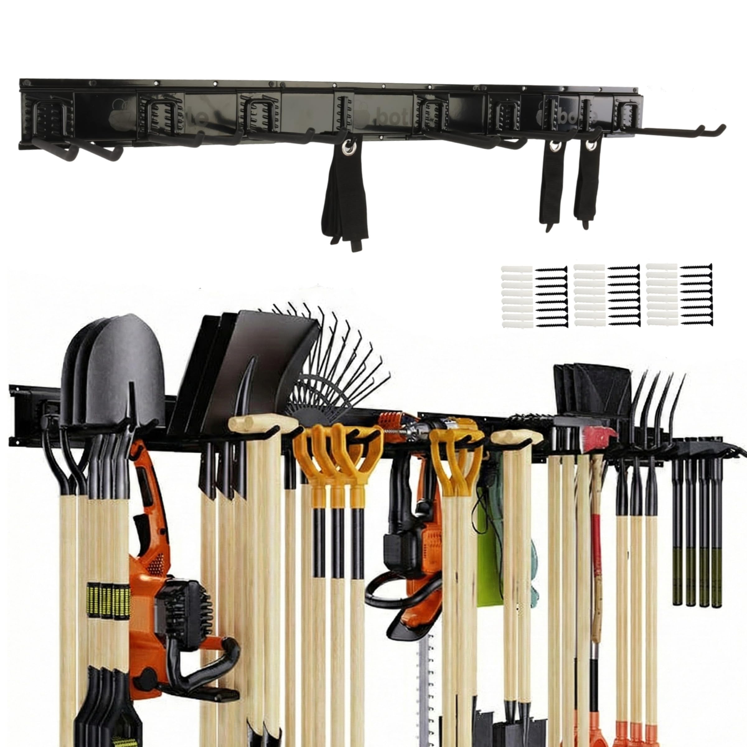 botle Soporte de pared para herramientas, organizador de herramientas de acero de 122 cm, estante de pared modular, soporte para herramientas, 9 ganchos, garajes, sótanos, talleres, escaleras, cables