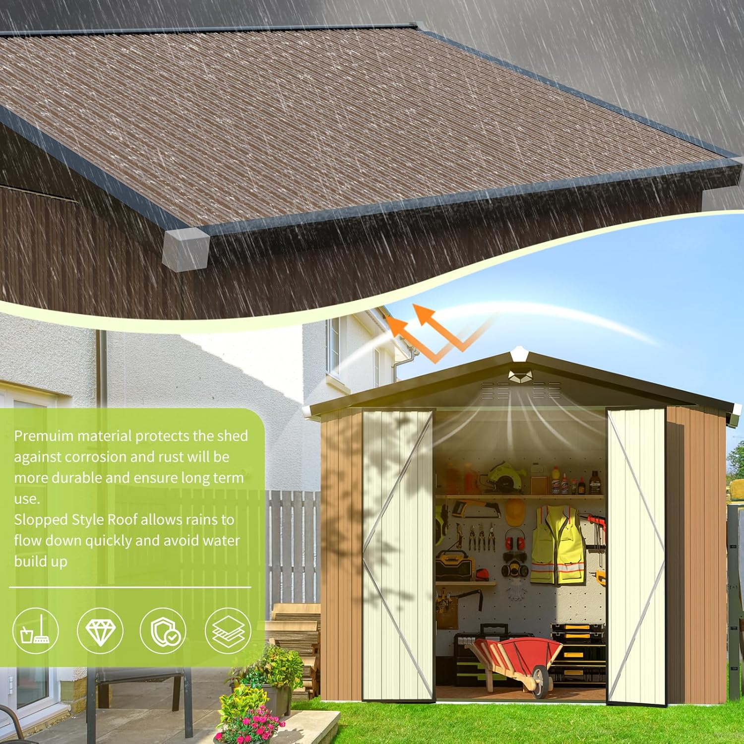 Image showing the shed's sloped roof design with rain falling, highlighting its waterproof feature and the air vents for circulation.