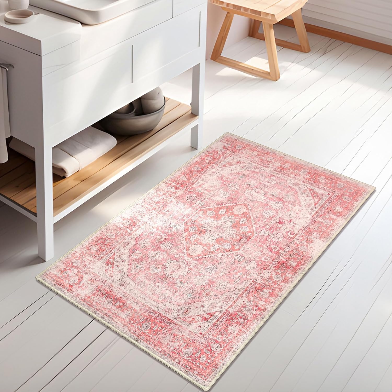 MUJOO Pink Rugs for Bedroom Girls Small Boho Area Rug Washable Rugs for Entryway Non Slip Throw Carpet for Bathroom Door Mat Shower Room Entrance Soft Light Pink Floral Home Decor 2'x3'