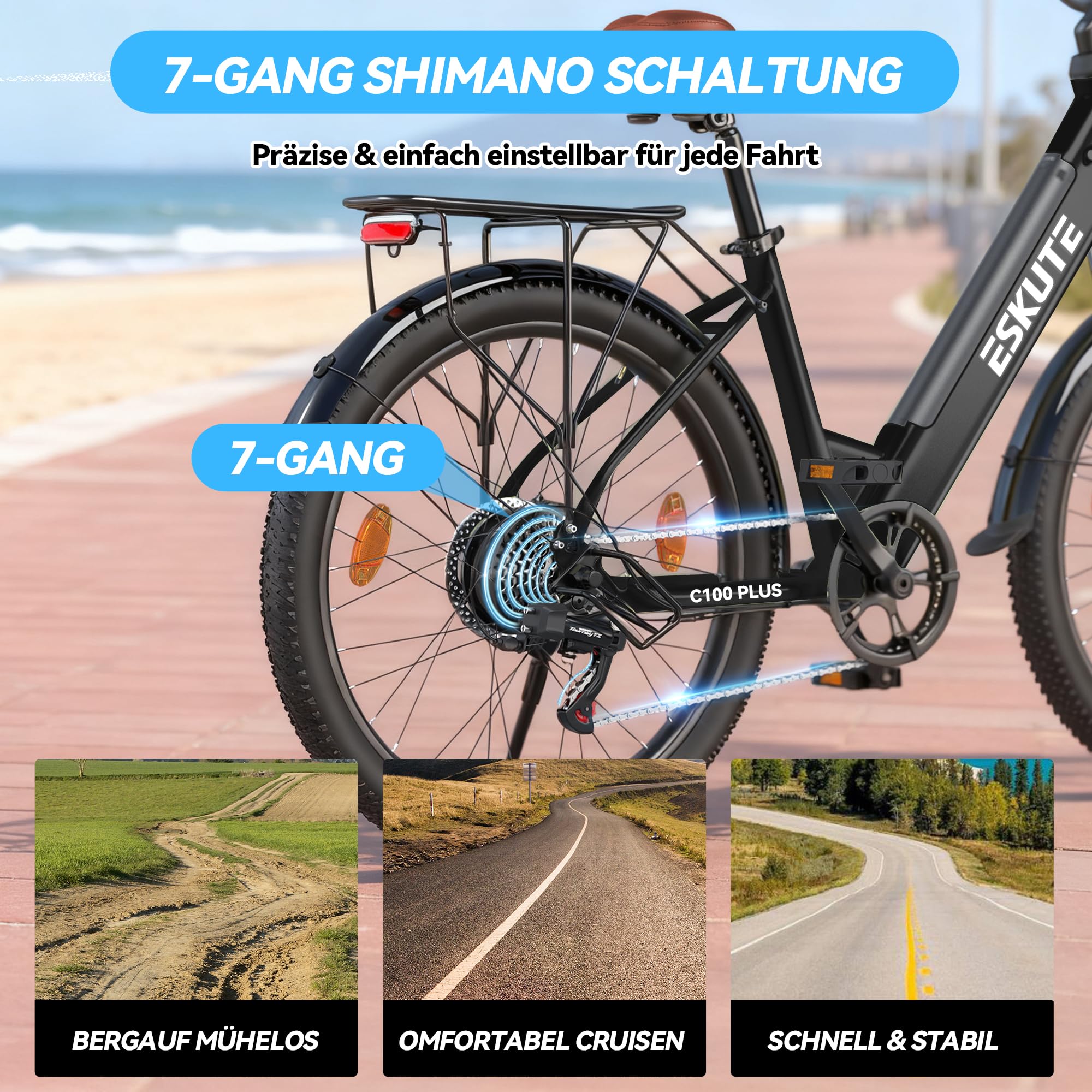 ESKUTE C100 Plus E-Bike, 26 Zoll Elektrofahrrad, E-Cityrad 250W HeckMotor, 36V 13Ah Wechselakku,bis zu 80km, LCD-Display, Tiefeinsteiger E-CityBike Für Damen und Herren Erwachsene
