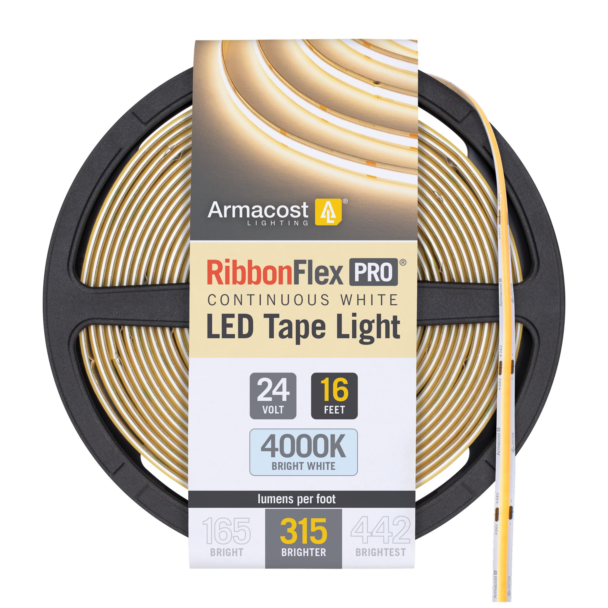 Armacost Lighting RibbonFlex Pro 24V White COB LED Strip Light Tape 4000K, 315 Lumens/Ft, 5M 172330