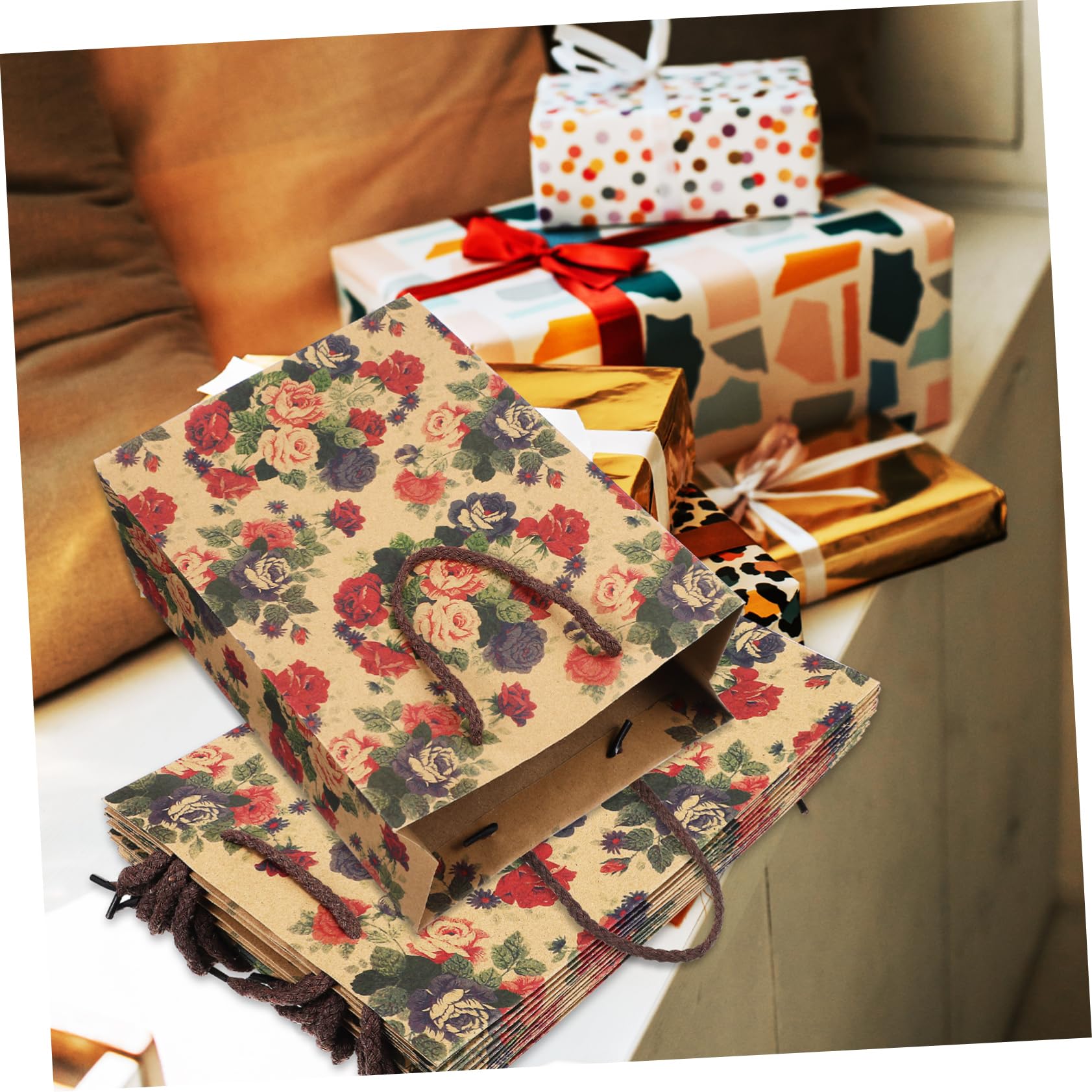 COLLBATH Geschenktüte Groß 40x30 Papiertüten mit Rosenmuster 12 Stück Kraftpapier Tragegriffe Stabilem Boden für Geburtstage und Einkaufen