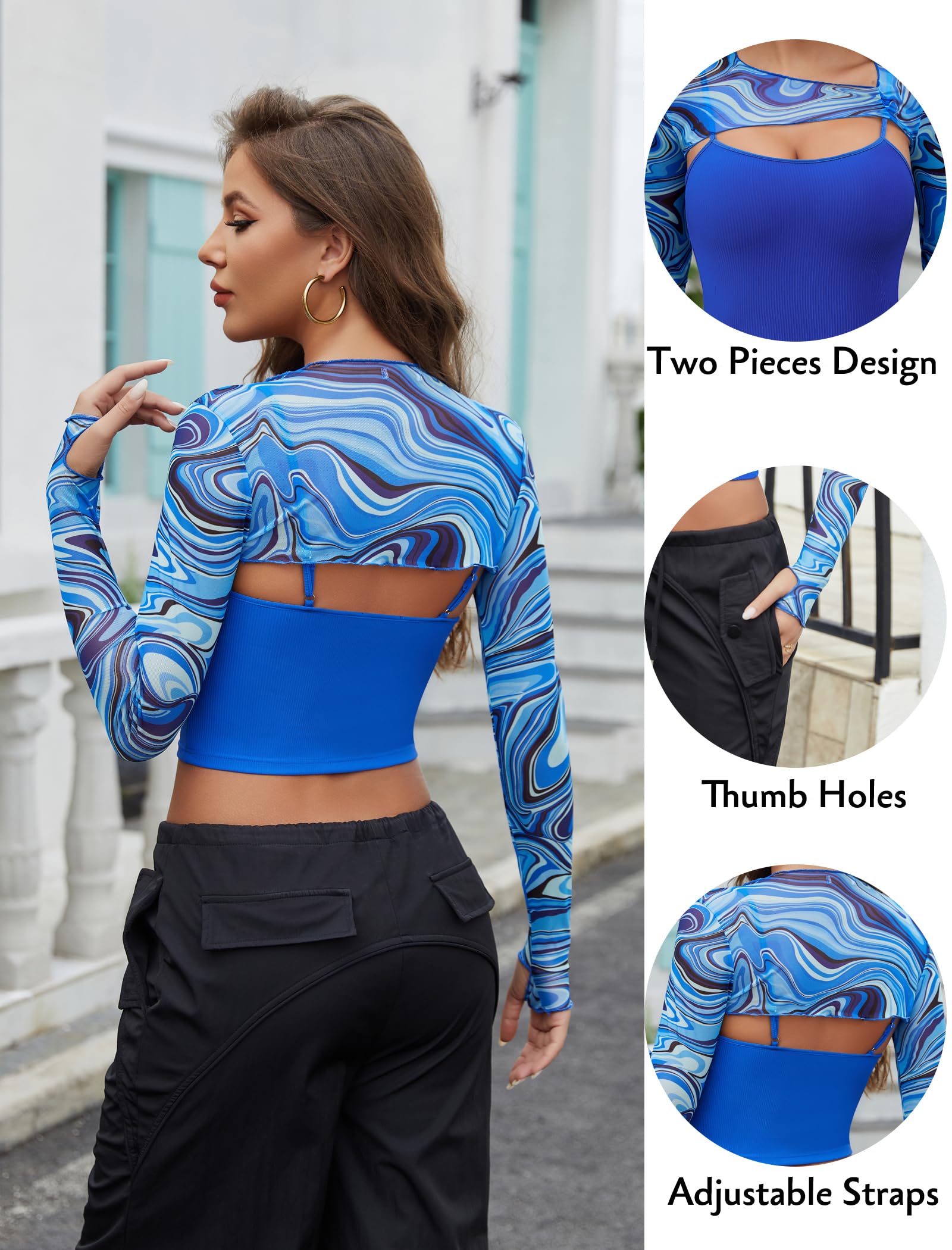 Avidlove Top corto sexy da donna a maniche lunghe in rete tinta unita copertura con spalline sottili top 2 pezzi Clubwear con fori per il pollice