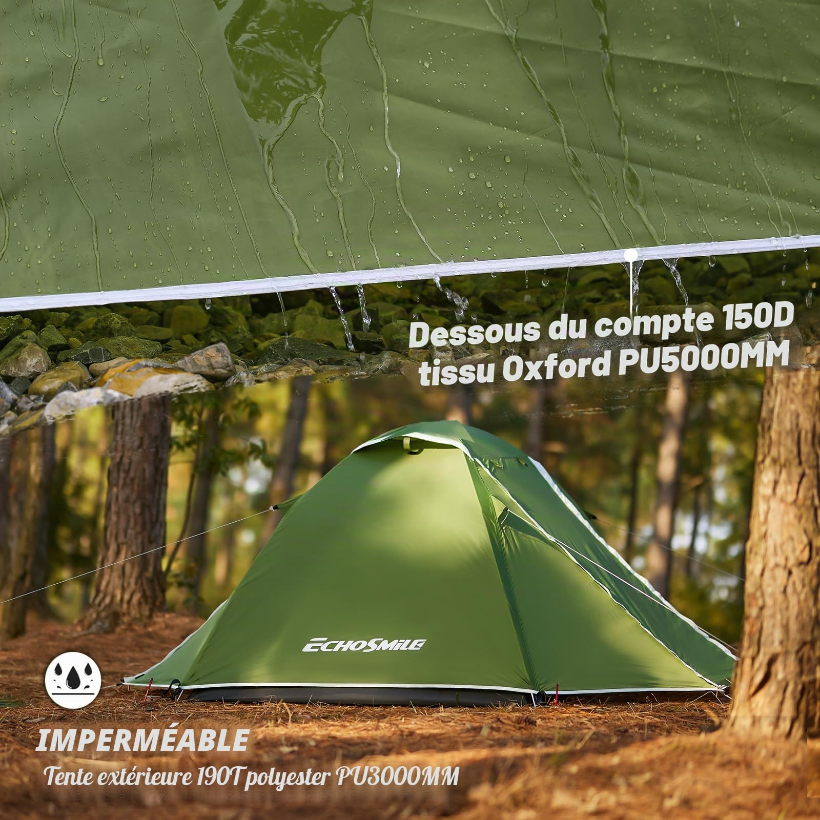 EchoSmile Tente de Camping, 2/3 Personnes Ultra Légère Tente Facile à Installer, 4 Saison Imperméable Ventilée pour Trekking Randonnée Camping