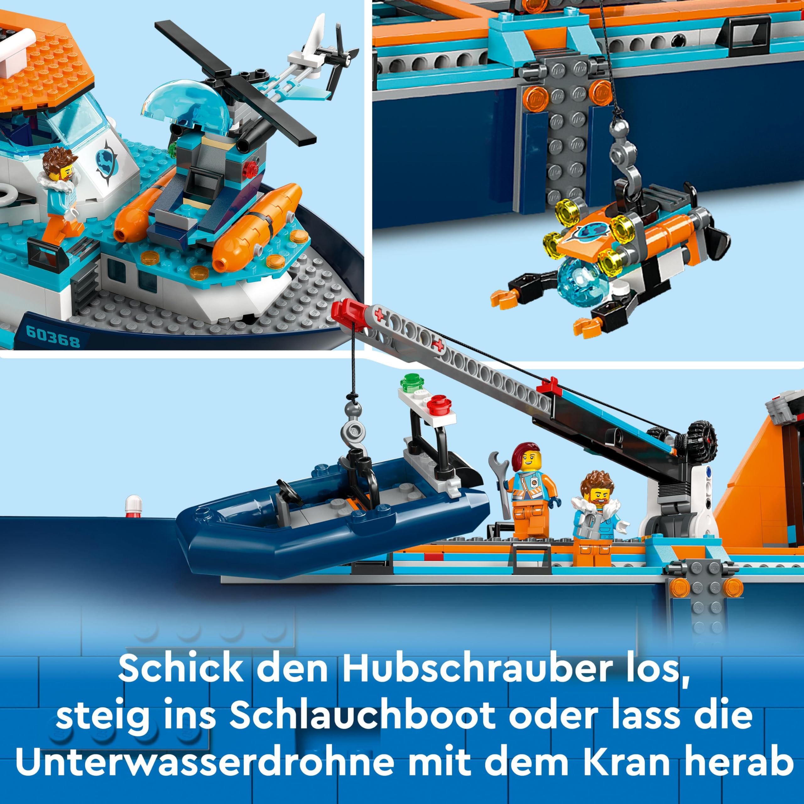 LEGO 60368 City Arktis-Forschungsschiff, großes schwimmfähiges Spielzeug-Boot mit Hubschrauber, Beiboot, ROV-U-Boot, Wikingerschiffswrack, 7 Minifiguren & Orca-Figur, Geschenk für Kinder ab 7 Jahren