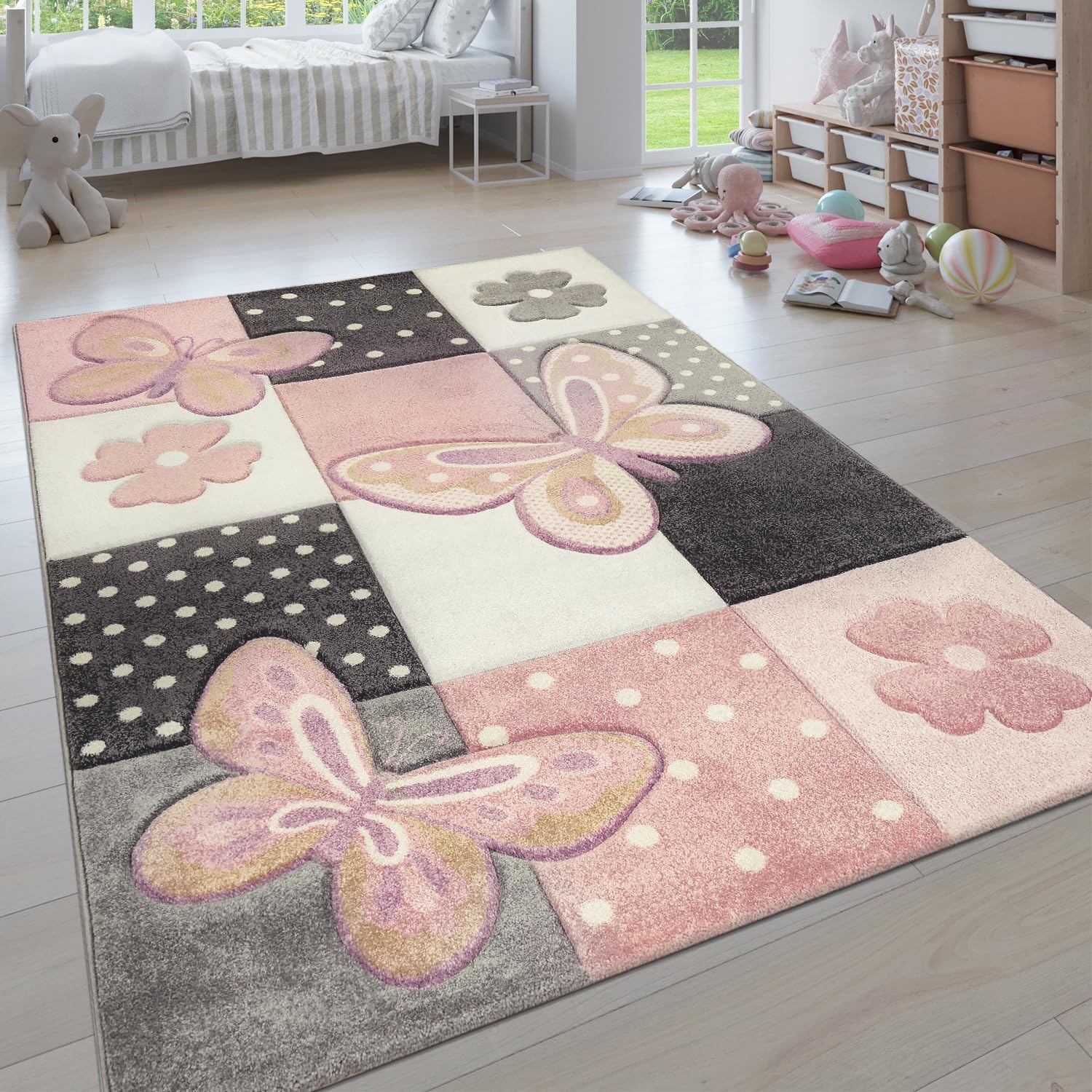 Children Room Rug Pastel Colours Butterflies Check Pattern Spots Flowers Colourful, Size: 7'10" x 11'2"OEKO-TEX STANDARD 100