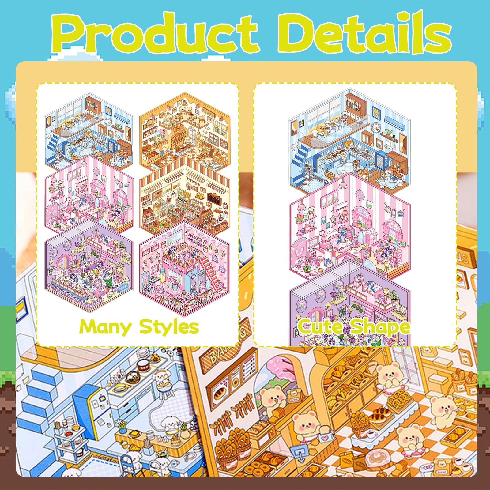 Kit de 4 autocollants 3D pour maison - Non toxiques et sûrs - Thérapie de scène miniature 3D pour enfants et adultes - Scènes d'autocollants anti- stress avec pince à épiler - Kit
