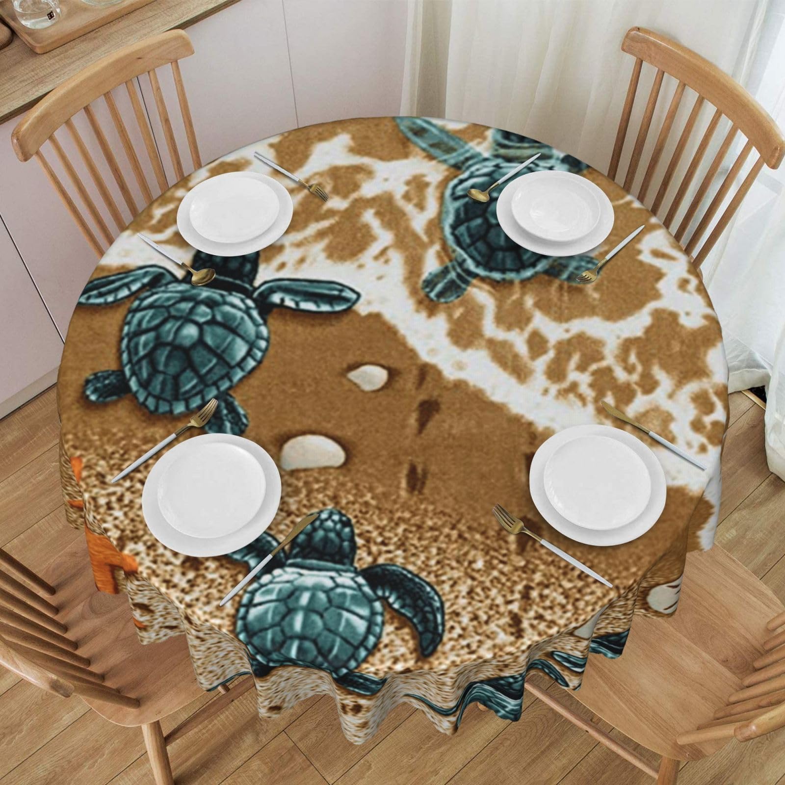 DCEHGEW 60 In Round Tablecloth with Lace, turtles on the beach Printed Oilproof & Washable Fabric Picnic Table Cloth Table Covers