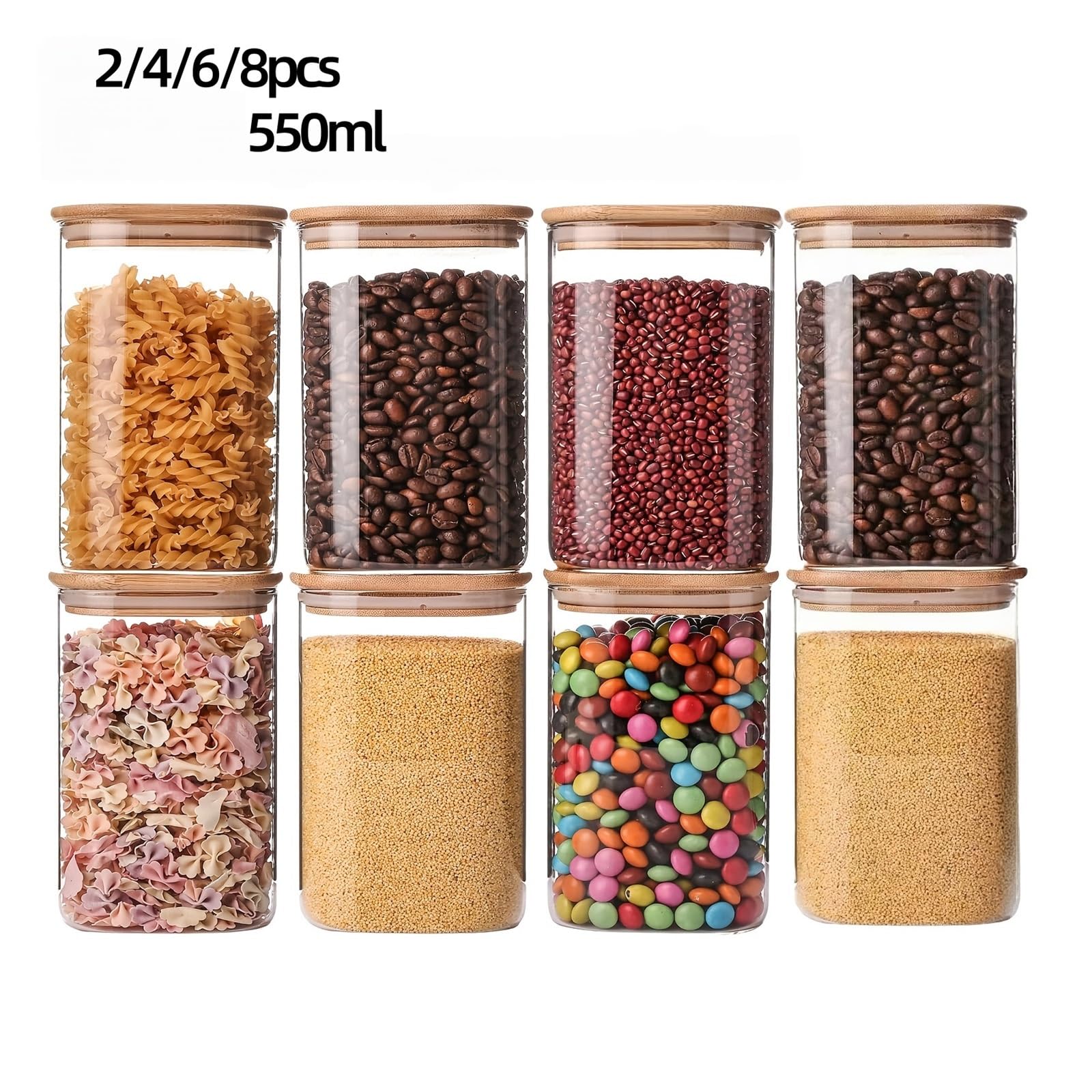 Vorratsdosen Mit Deckel FüR Spaghetti 550 ml, quadratische Vorratsgläser aus Glas mit Holzdeckel, luftdichte Glaskanister for Kaffeebohnen, Süßigkeiten, Haferflocken, Overnight Oats, Salz(550Ml-6Pcs)