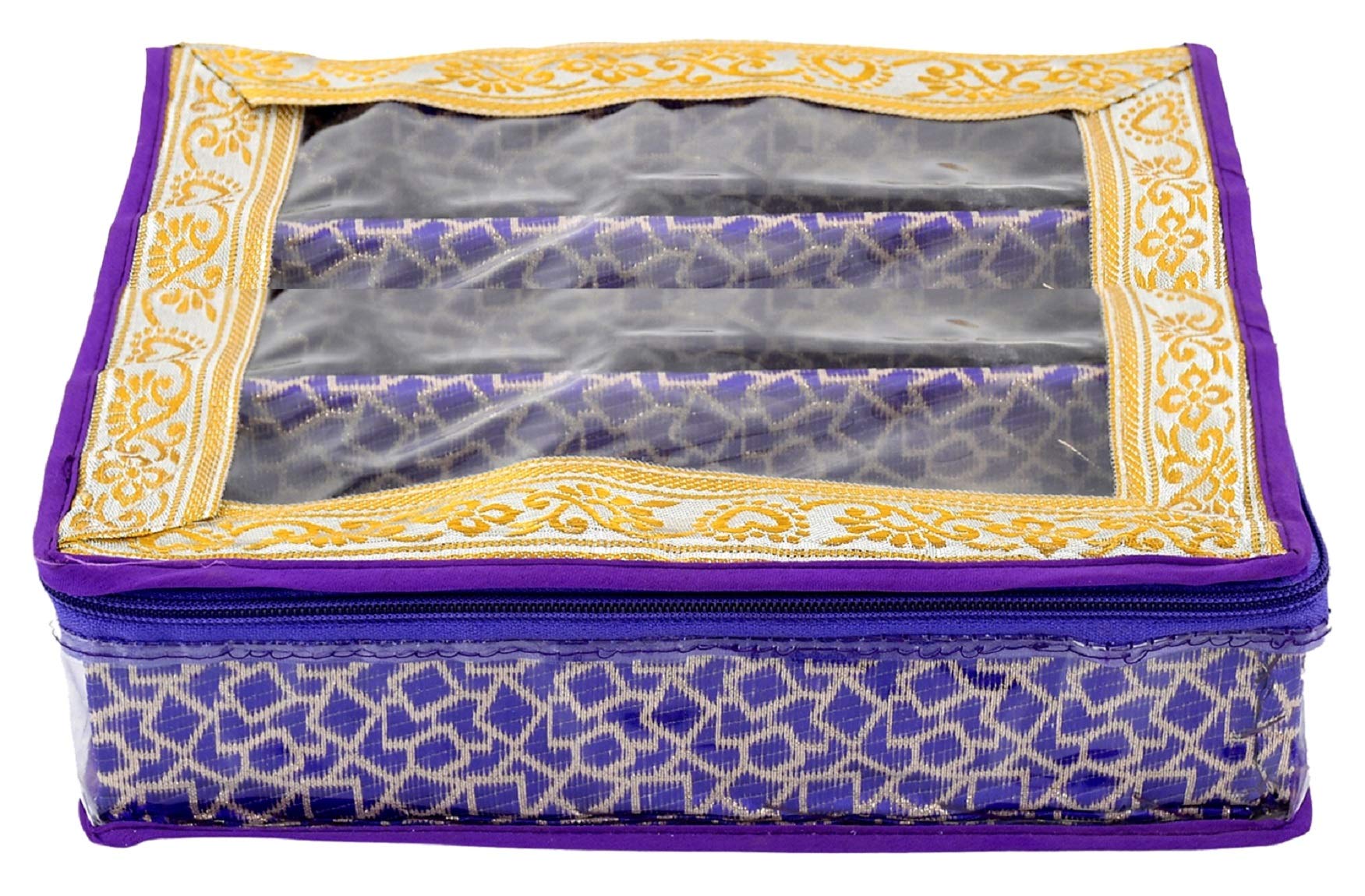 Kuber Industries Exclusive Square Design Brocade Hardboard Three Rod Bangle Box (Purple) -CTLTC038865