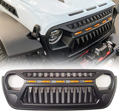 Rejilla frontal de malla cubierta de parrilla negra mate con luces LED ámbar para Jeep Wrangler JL JLU JT Gladiator 2018 y más accesorios
