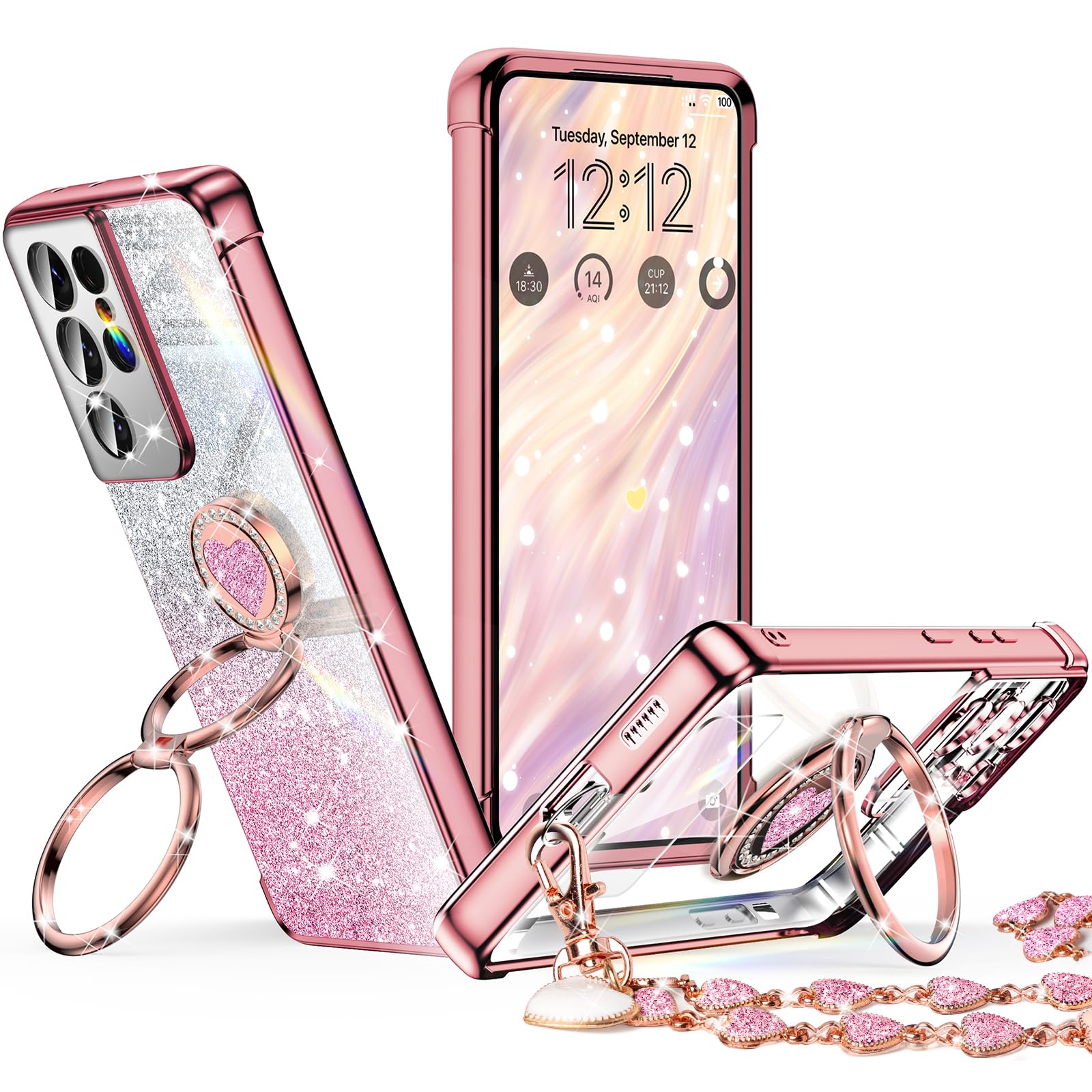 XYZ for Samsung Galaxy S21 Ultra Case with Stand, Galaxy S21 Ultra Case with Double Ring, Women Girls Bling Luxury Glitter Clear Phone Case Cover