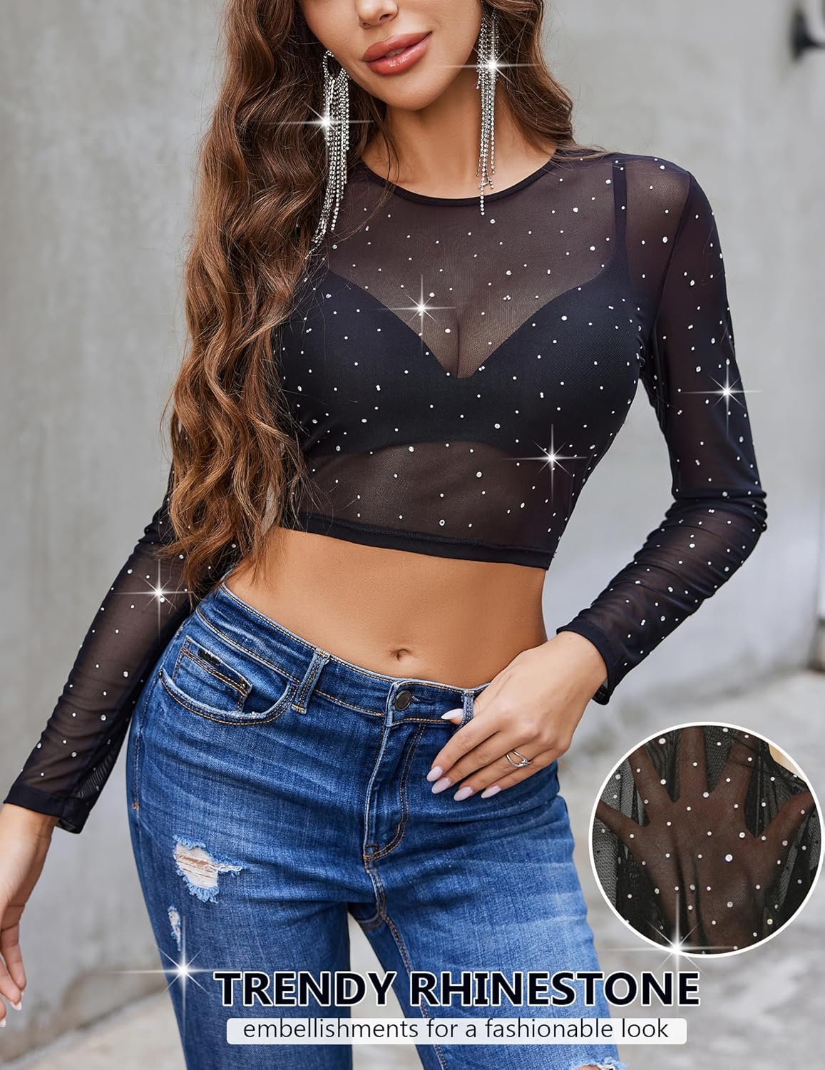 Avidlove Mesh Top Women Rhinestone Sparkly Long Sleeve Sheer Crop Top See Through Shirt Glitter Going Out Tops - Image 7