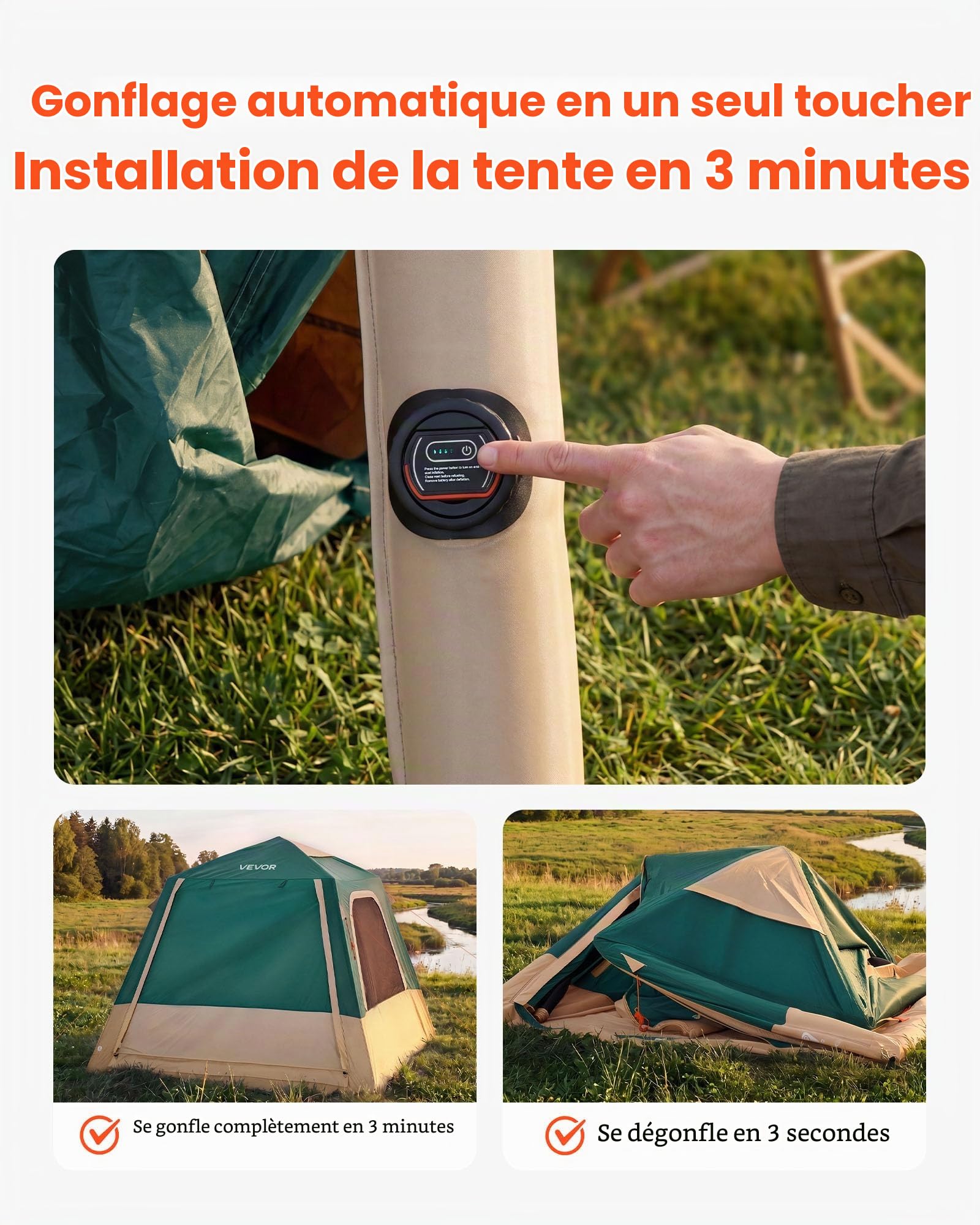 VEVOR Tente Gonflable 4 Personnes Pompe Rechargeable Tente de Camping Vert, pour Randonnée et Pique-niques en Famille, avec Tubes d'air en TPU, 5 Grandes Fenêtres en Maille, Sac de Transport Portable