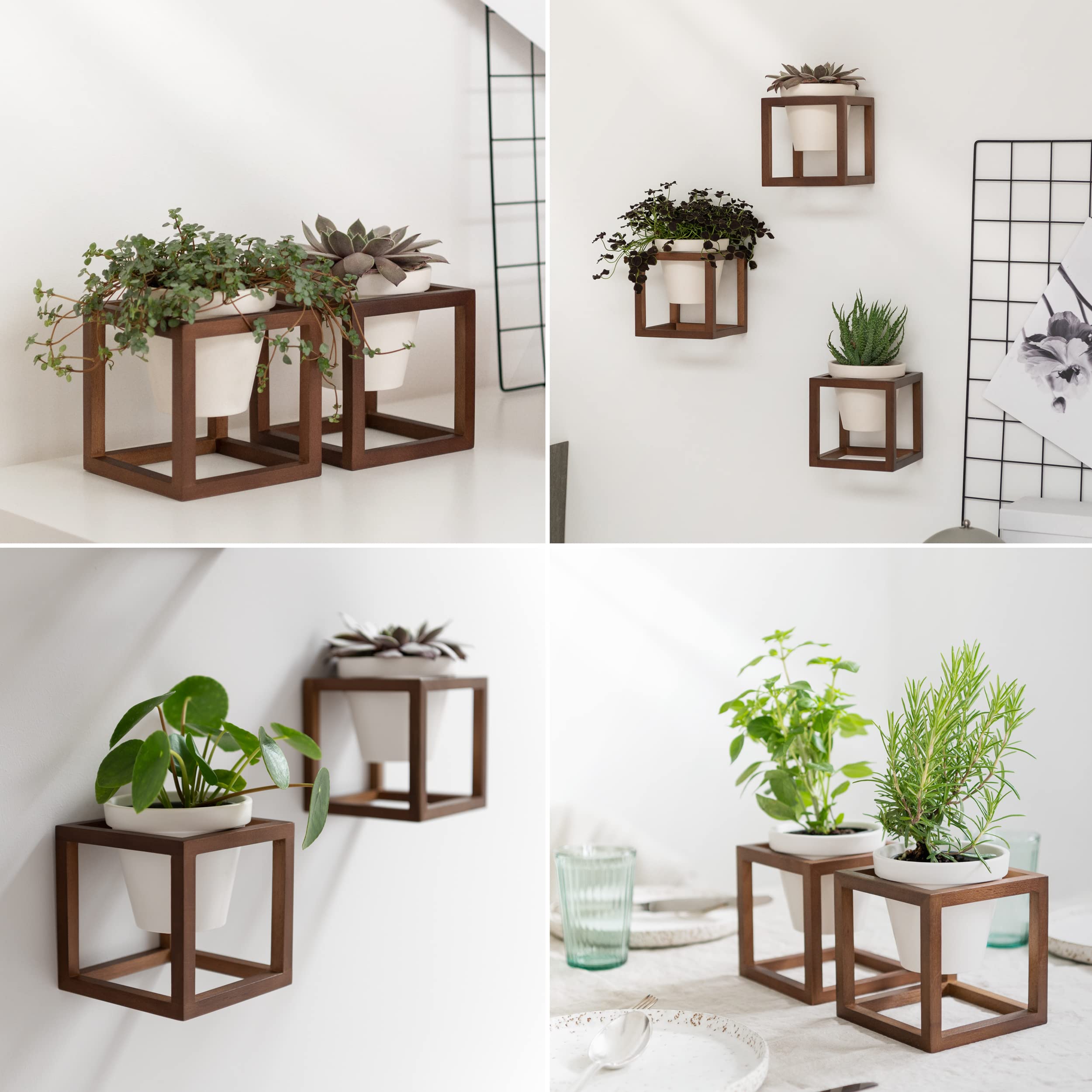 Kazai. Wall Planters -Lille- | Hanging Flower Pots in Solid Wood Frames | Plant Holder Set Made of Ceramic and Wood for Walls, Tables and More | Walnut Brown