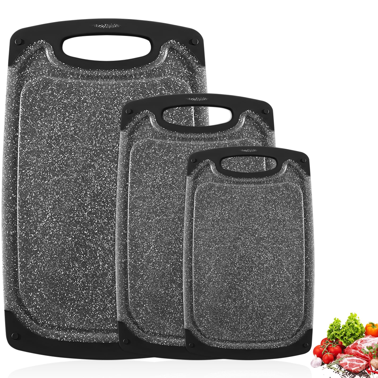 3 Piezas Tabla Cortar con Ranura Jugos, Tablas Corte para Lavavajillas, Tabla Cortar Antideslizante Plástico, Cutting Board Fáciles Limpiar, Accesorios Cocina para Verduras, Carne, Frutas (Negro)