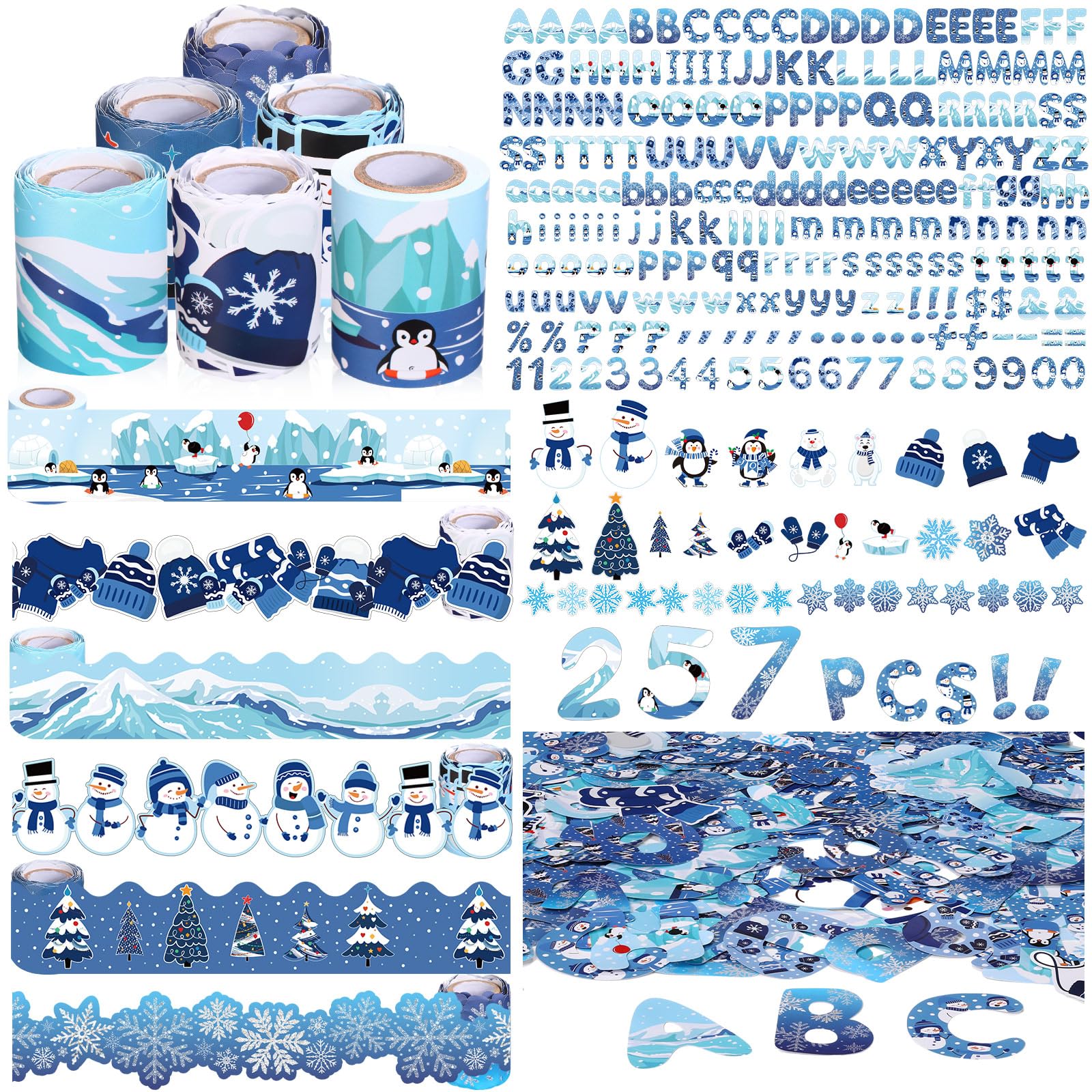 Kosiz Winter Bulletin Board Decoration Set 118 ft Scalloped Bulletin Board Borders Snowflake Classroom Poster Border Trim with 257 Pcs Letter Number