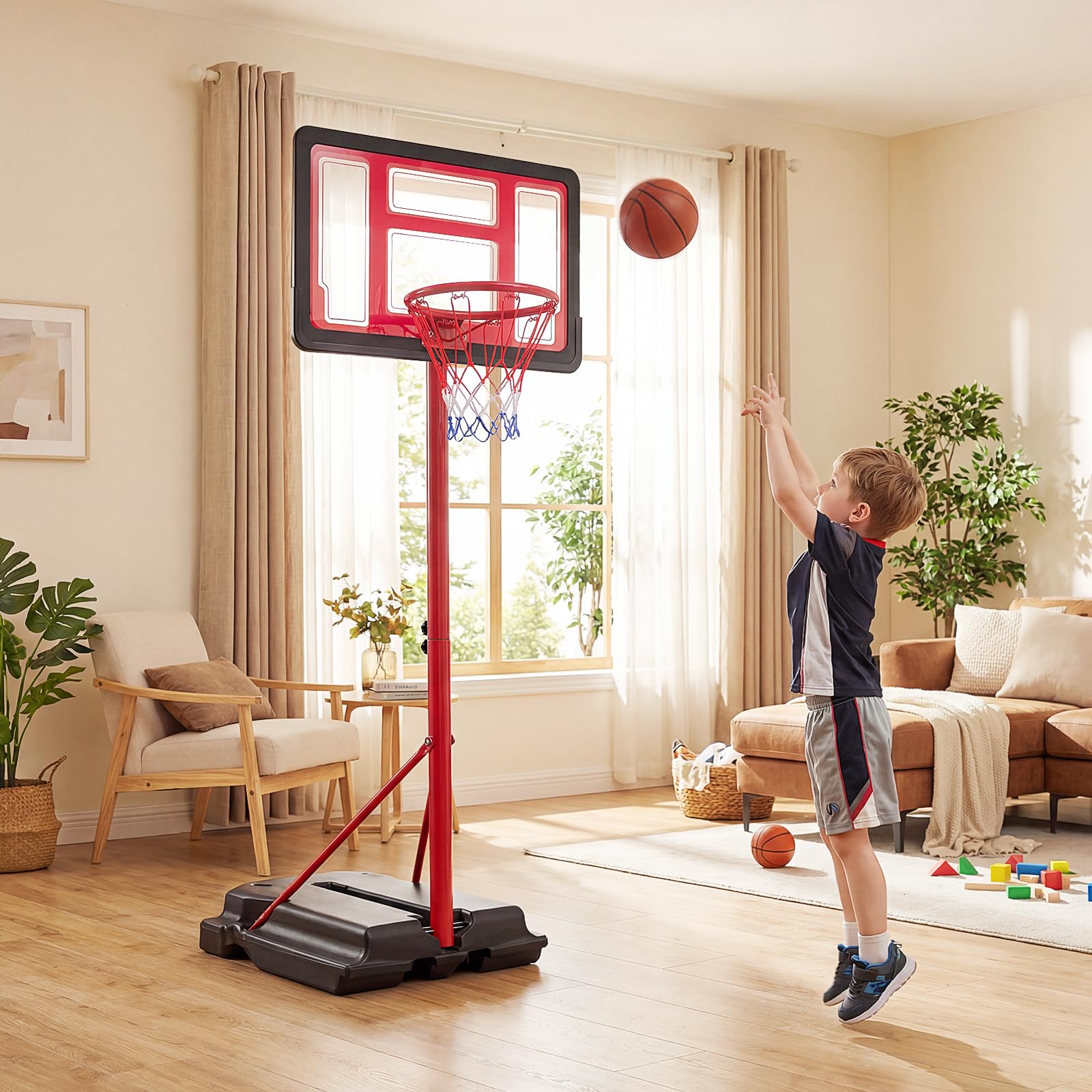 COSTWAY Canestro da Basket da Esterno ed Interno per Bambini, Canestro da Basket Regolabile in Altezza da 95 a 155 cm con Base Riempibile, Tabellone in PE e Struttura in Metallo