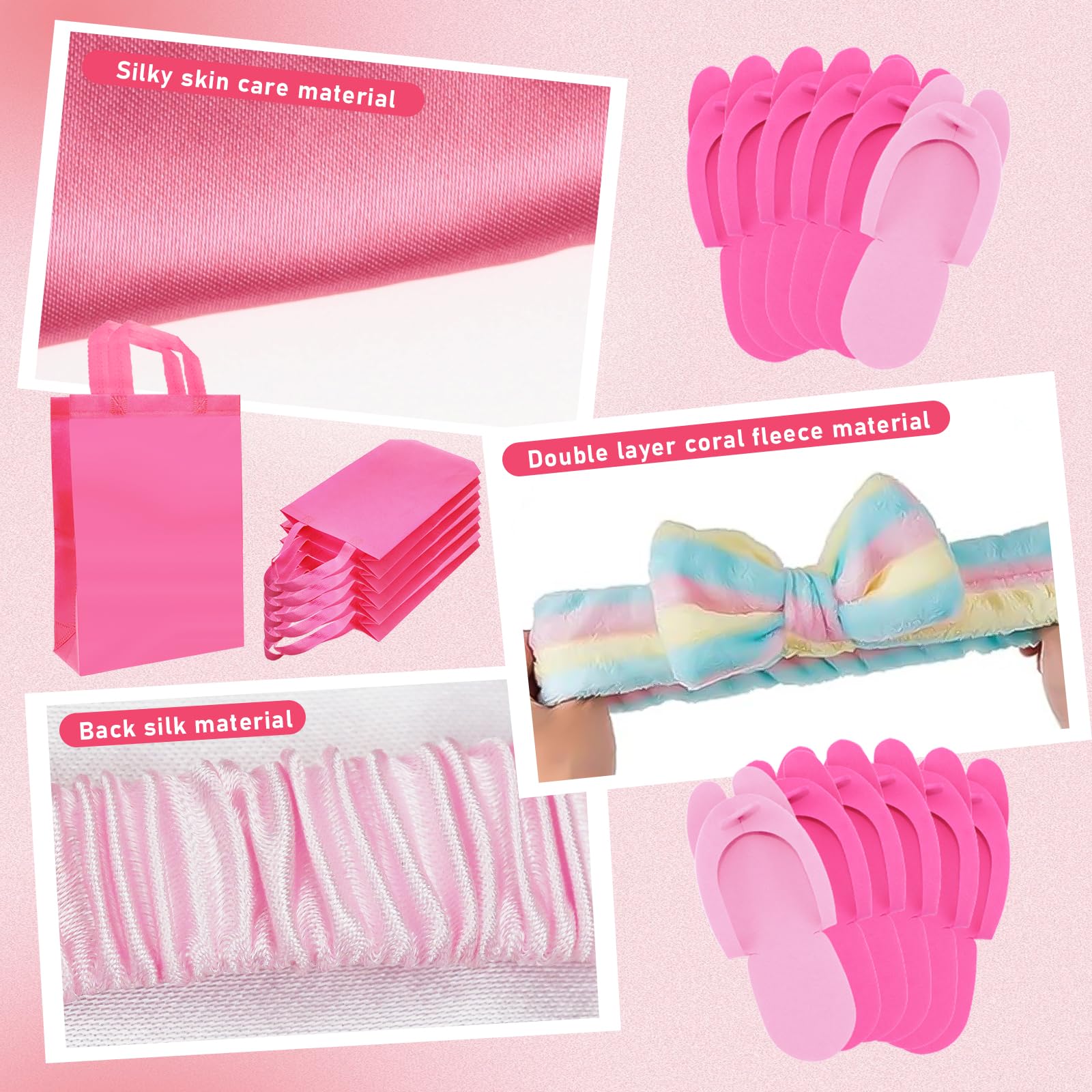 MSYU 30 piezas de suministros de fiesta de spa para niñas, 6 batas de satén, 6 pantuflas para niños, fiestas de pijamas, regalos de fiesta de cumpleaños, spa, talla 8, rojo rosa, rosa