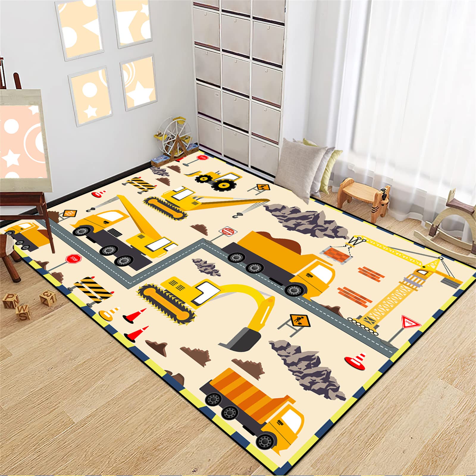 CAFCIOYG Construction Rugs for Boys Room Car Rug Play Mat Car Carpet for Kids Construction Decor for Boys Room Playroom Livingroom, 5'×7'