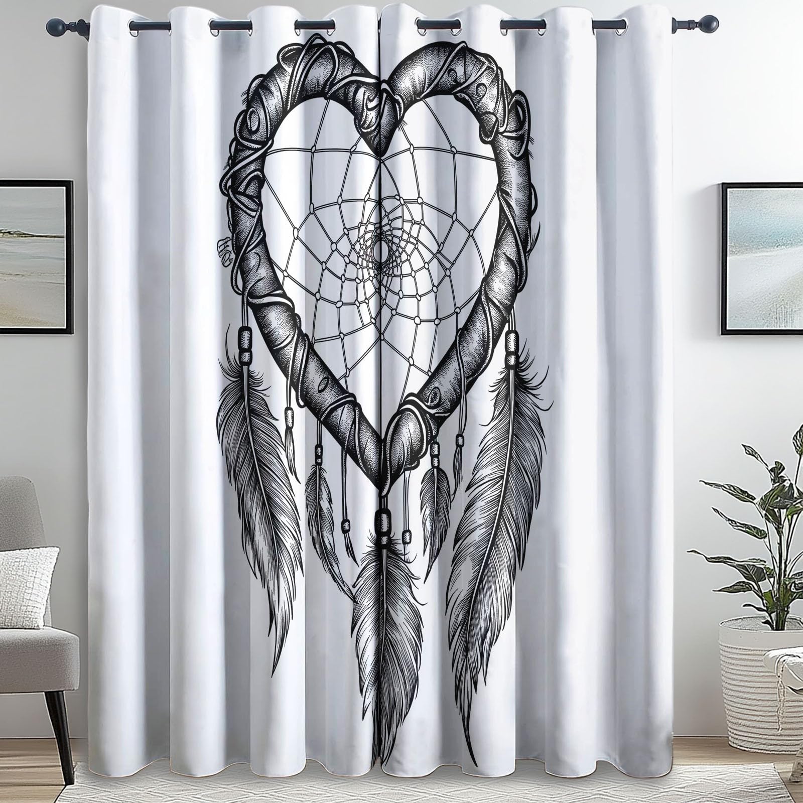 Blackout Curtains Bedroom Simple Style Heart-Shaped Dream Catcher Pattern, Geo-Thermal Insulated Energy Efficiency Window Treatment Sets Grommet Drapes for Kids Room 52