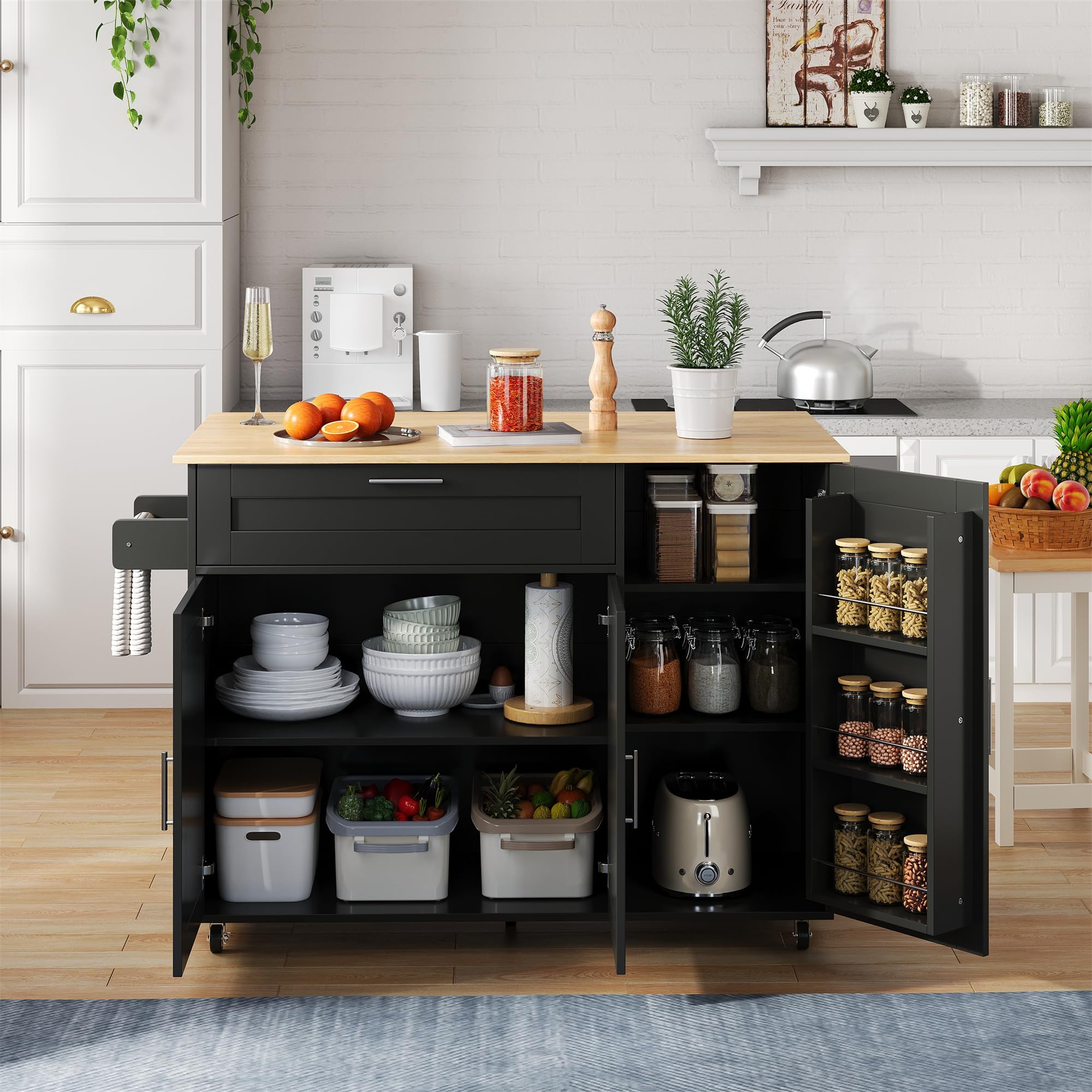 Wyibwy Carrito de cocina, isla de cocina con encimera plegable de madera, mesa de cocina móvil con 1 cajones y 3 puertas, especiero, toallero, 5 ruedas, 132,5 x 44 x 90 cm, negro
