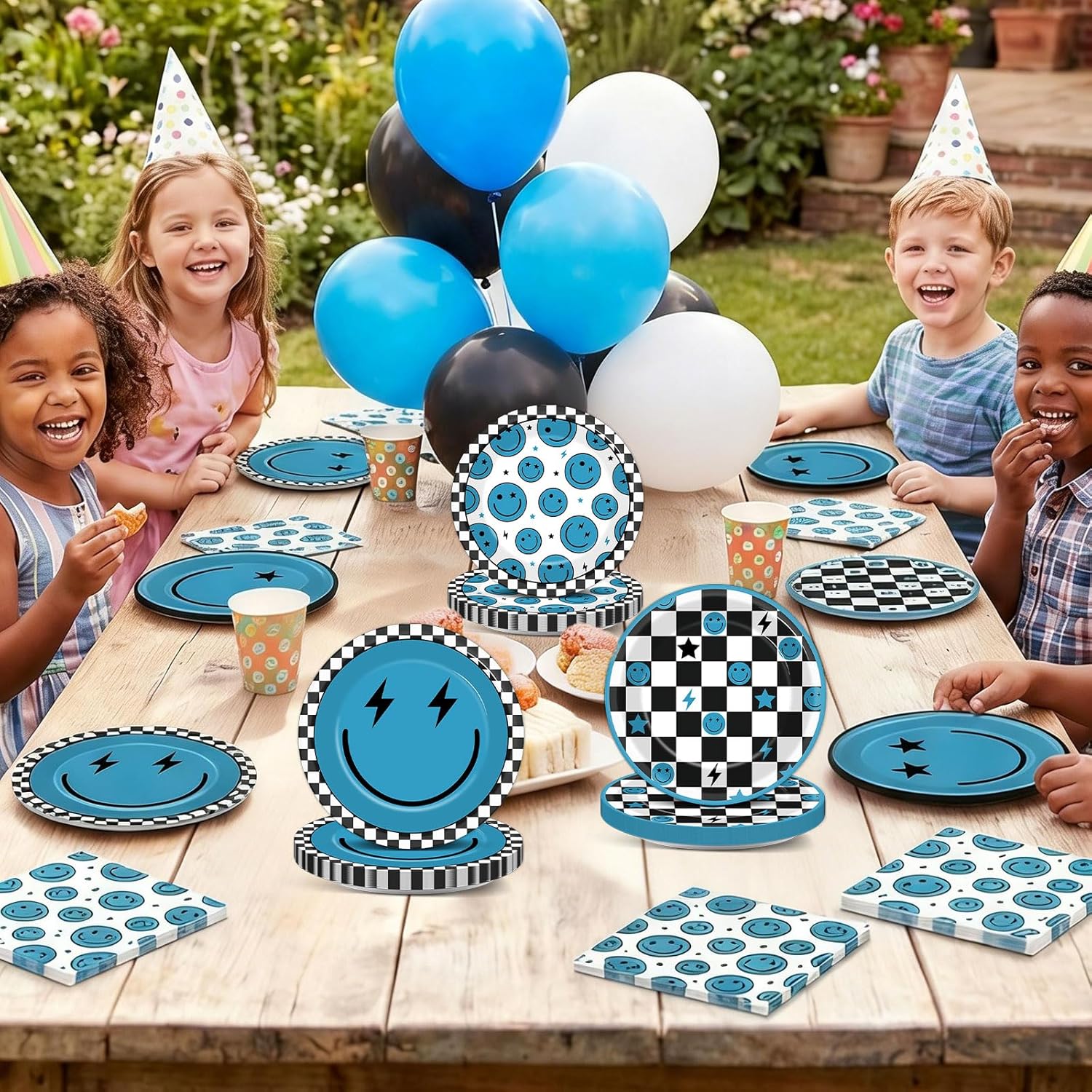 48Pcs Blue Smile Face Party Decoration 7inch One Happy Dude Paper Dessert Plates Blue Checkered Smile Face Paper Plates Lightning Star Checkered Tableware Set for Birthday Baby Shower Party Supplies
