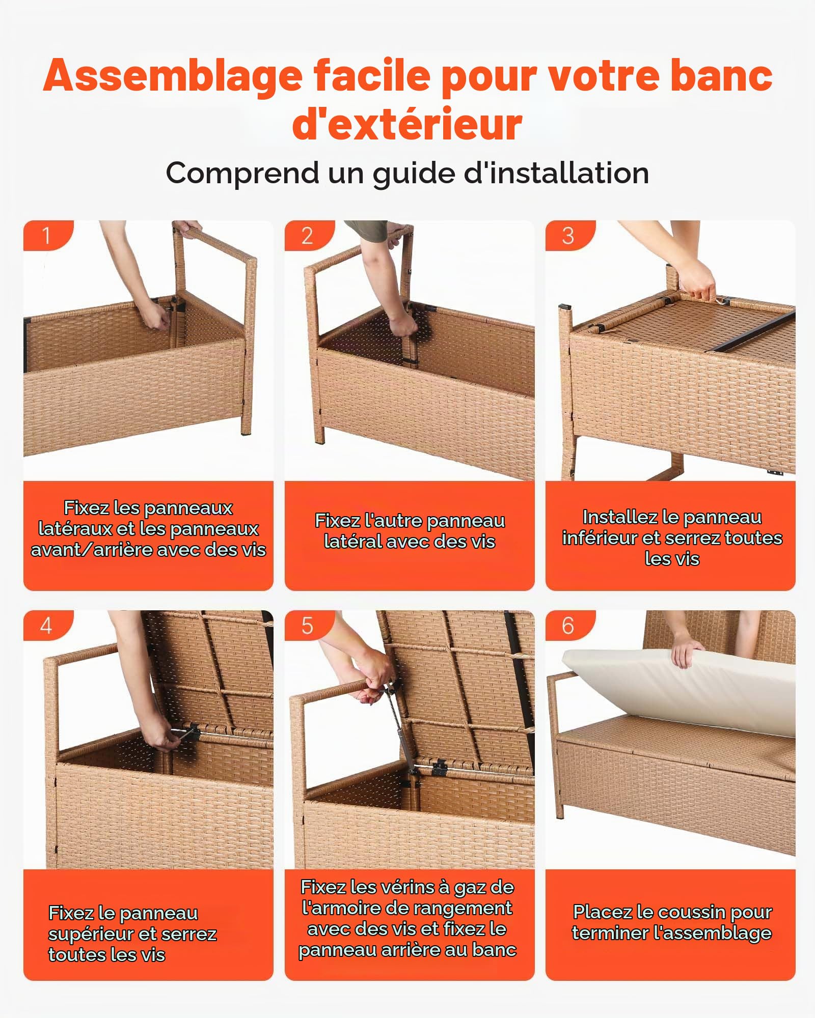 VEVOR Banc de Rangement Extérieur en Rotin Synthétique Coffre de Jardin 265 L, Banc de Terrasse avec Coussin, Capacité de Charge 120,2 kg, Siège d'Extérieur pour Patio, Jardin, Balcon, Cour, Porche