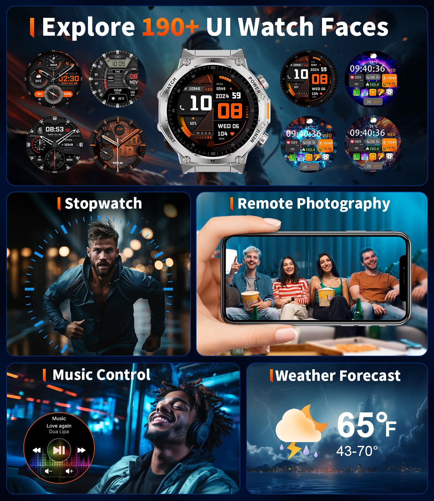 LIGE Smartwatch Uomo,1.75'' HD Orologio Smartwatch con Torcia LED/800mAh/Chiamata Bluetooth,114 modalità Sportive Cardiofrequenzimetro SpO2 e Sonno per Android iOS,EF15-F