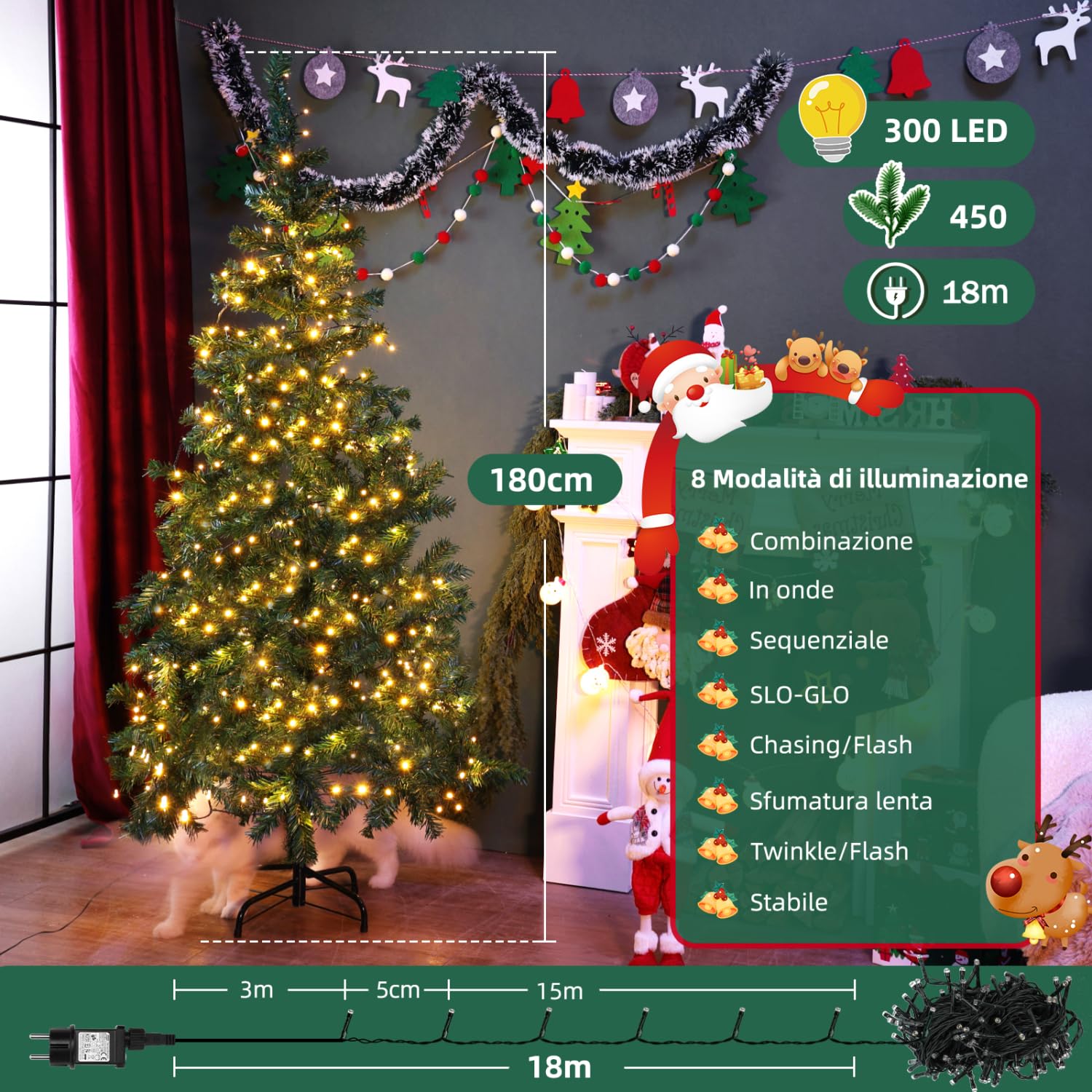 Aigostar Albero di Natale Artificiale da 180 CM,con Catena di Luci LED da 18 M,300 LED Bianco Caldo,8 Modalità di Illuminazione,450 Rami,Colore Verde,Include Supporto in Metallo.