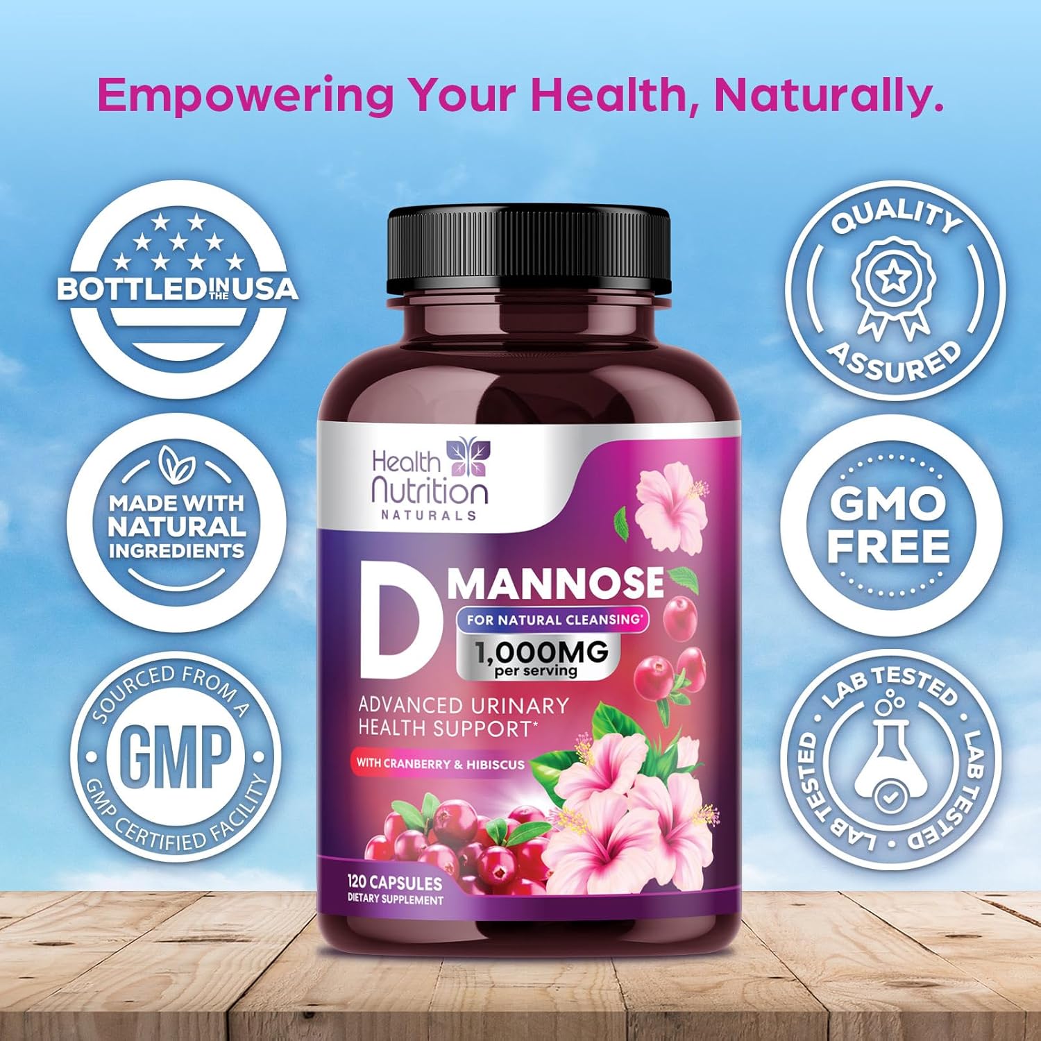 D-Mannose Supplement 1,000mg - with Cranberry, Hibiscus & Dandelion - Fast-Acting, Natural Urinary Tract & Bladder Support for Women & Men – Flush & Cleanse Impurities – Non-GMO, Vegan – 120 Capsules - Image 4