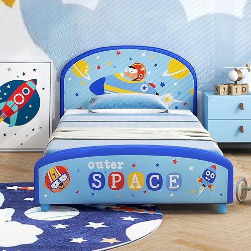 Miniatura 8 de Costzon Base de cama individual para niños, plataforma de cama individual tapizada de madera con soporte de listones, cabecera y estribo acolchados,