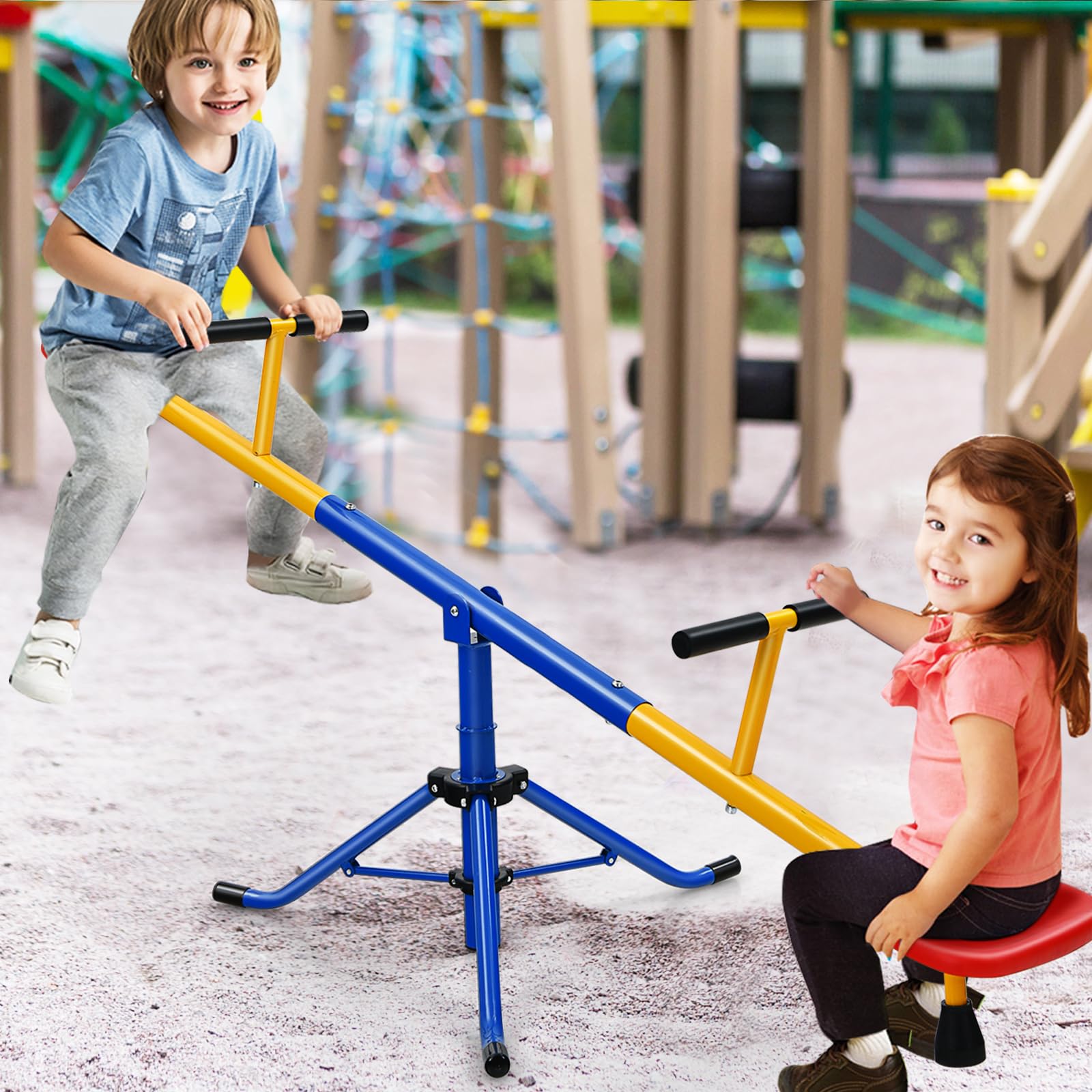 HOMASIS 2-Sitzer Kinderwippe, Schaukelwippe Outdoor 360° drehbar Metall, Gartenwippe bis 60 kg, für Kinder 3-8 Jahre (Blau)