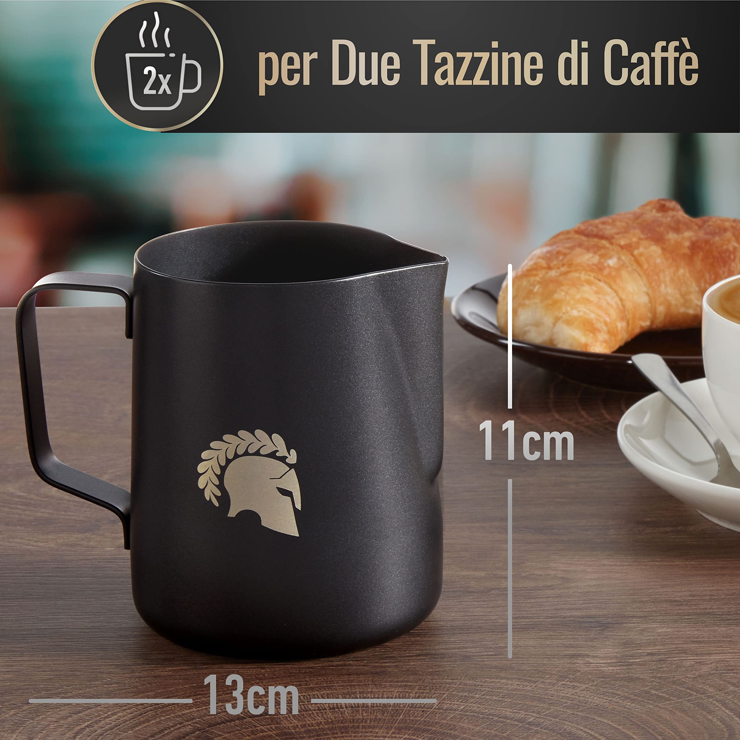 Barista Legends® - Bricco per latte in acciaio inox nero opaco, 600 ml, con beccuccio speciale per una perfetta schiuma di latte, rivestimento in teflon (nero, 600 ml)