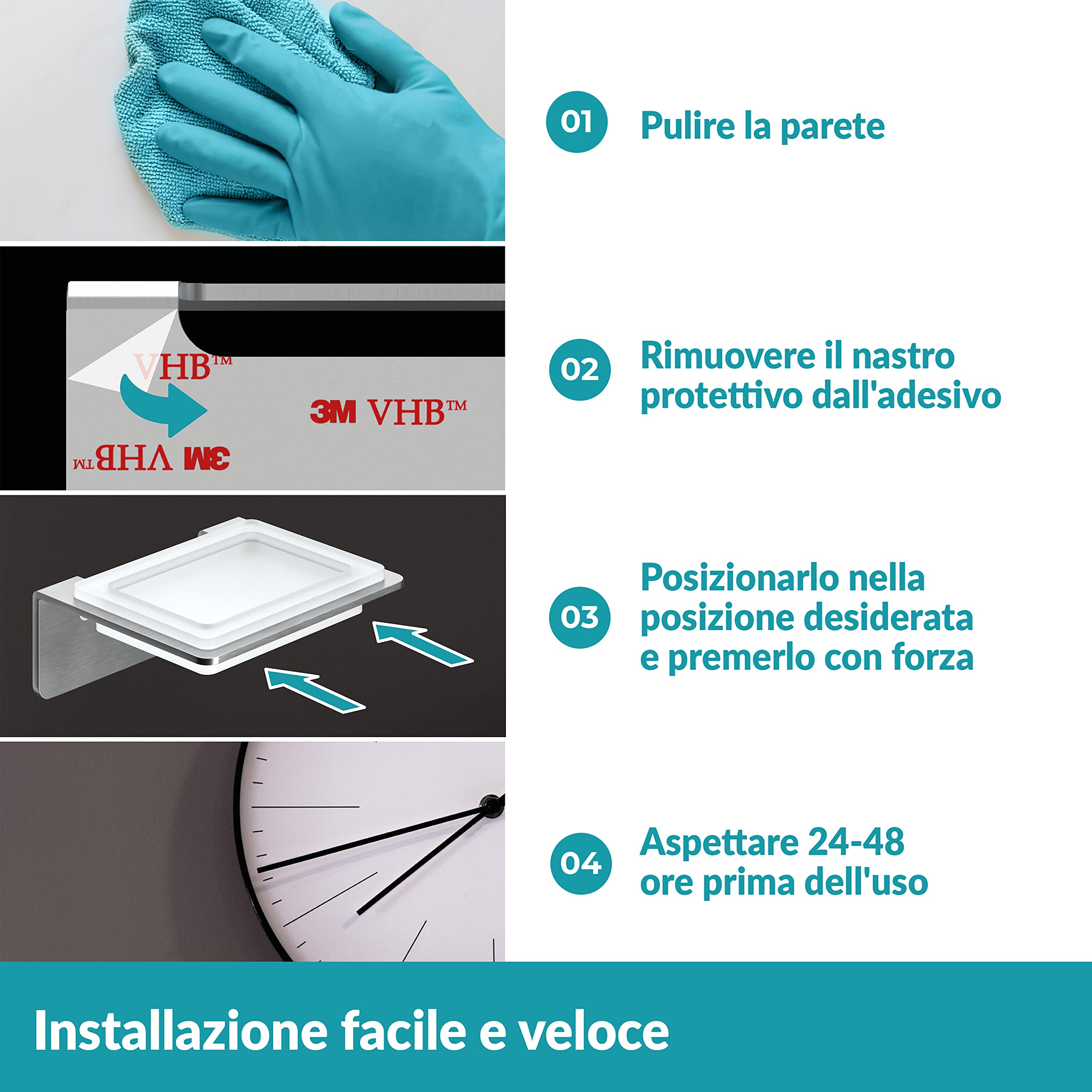 WEISSENSTEIN Portasapone bagno adesivo 3M - Portasapone Acciaio inox e vetro - Saponiera con vaschetta in vetro - Porta saponetta da parete