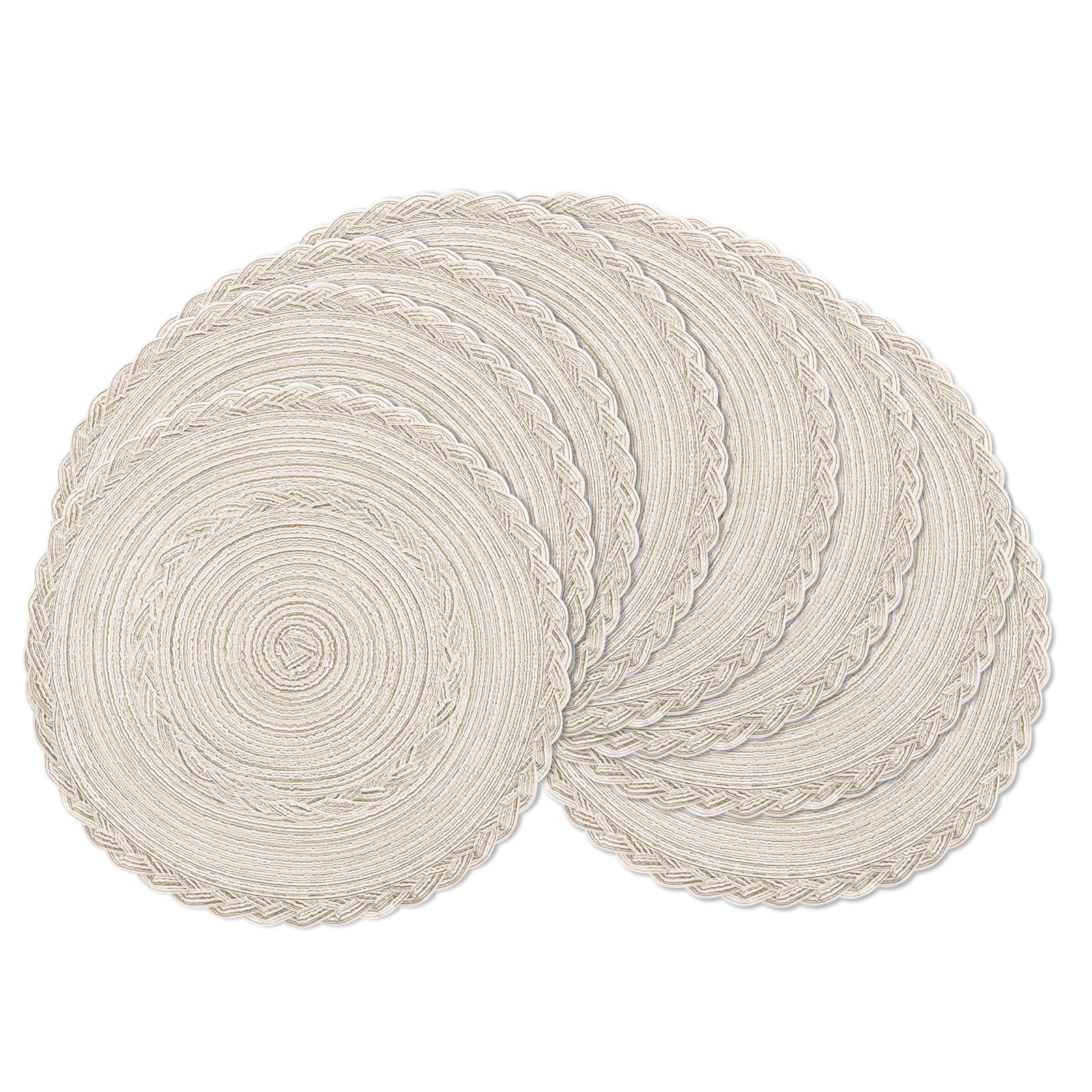 SHACOS Boho Round Placemats Set of 8 Braided Border Round Place Mats 15 inch Washable Dining Table Mats for Home Wedding Holiday Party (Ivory Bordered, 8)