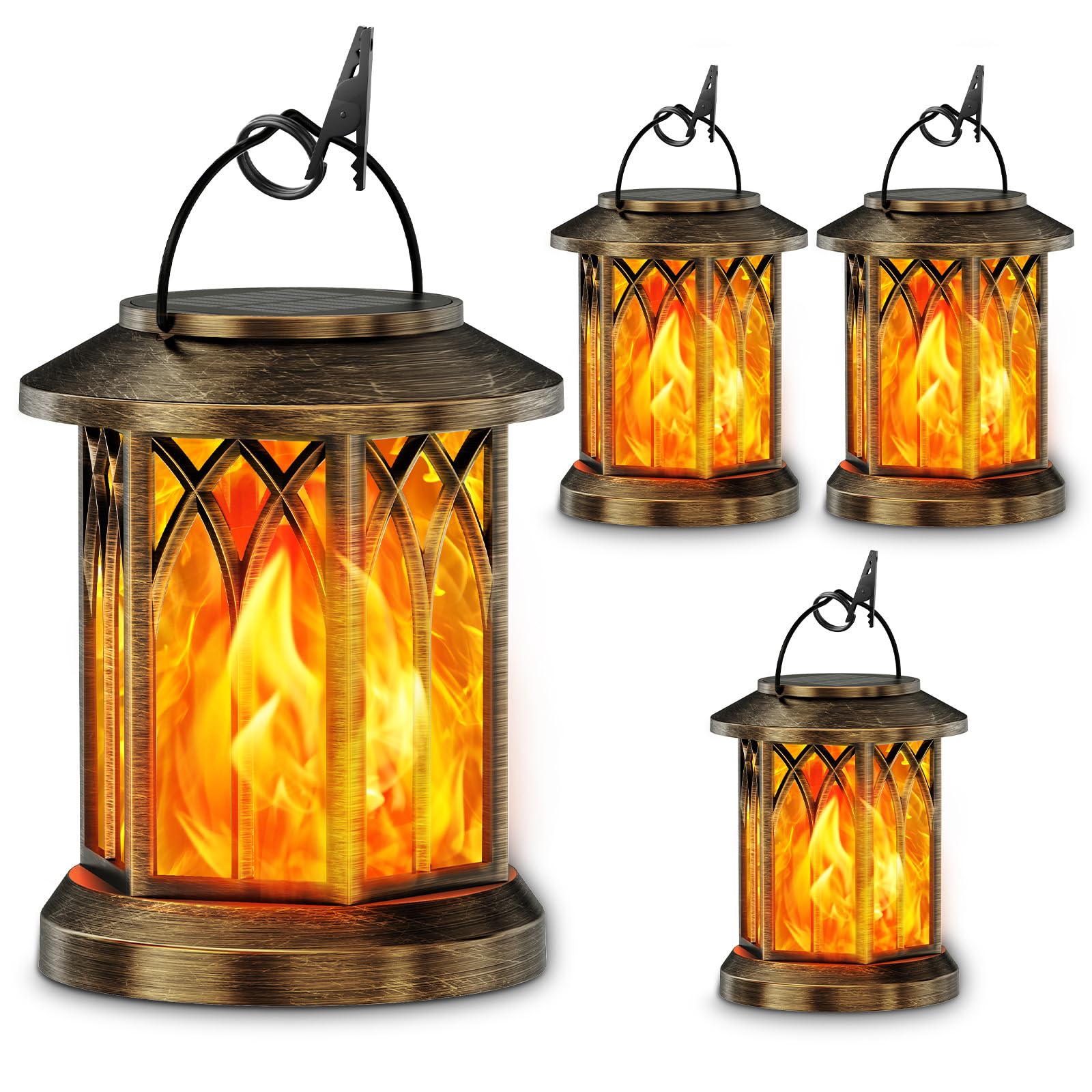 GEARLITE Lanternes solaires pour l'extérieur, lampes solaires pour l'extérieur à suspendre | Lot de 4 lampes solaires LED pour extérieur avec clips, étanchéité IP65, décoration de jardin pour jardin, balcon, bonze