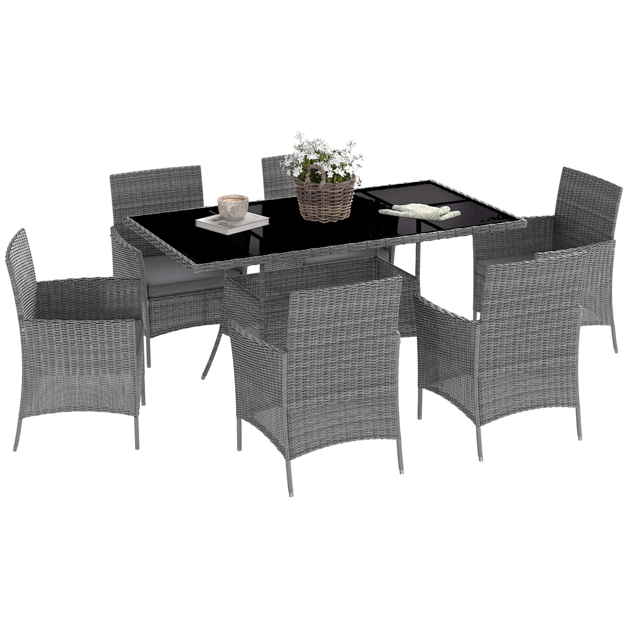 Outsunny Unisex Dark Grey Rattan Dining Set For 6 With Cushions, Glass Top Table In