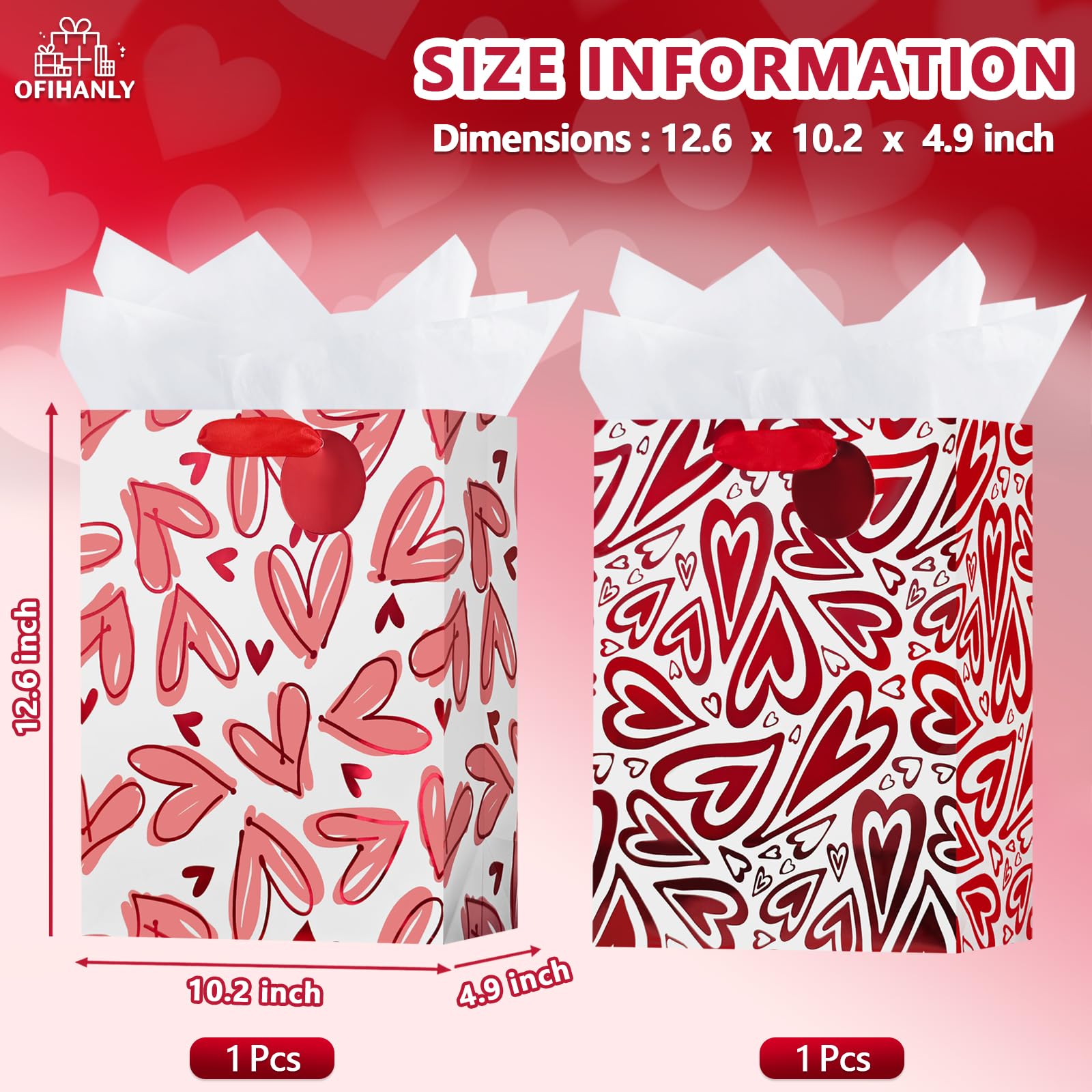 OFIHANLY 2 Pack 12.6" Medium Size Happy Valentine's Day Gift Bags with Handles for Women Her Red Heart Paper Gift Wrap Bags with Tissue Paper for Kids