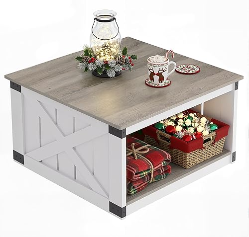 WLIVE Mesa de café, mesa de café de granja con almacenamiento abierto, mesas de sala de 31.5" cuadradas de madera, mesa de centro rústica para